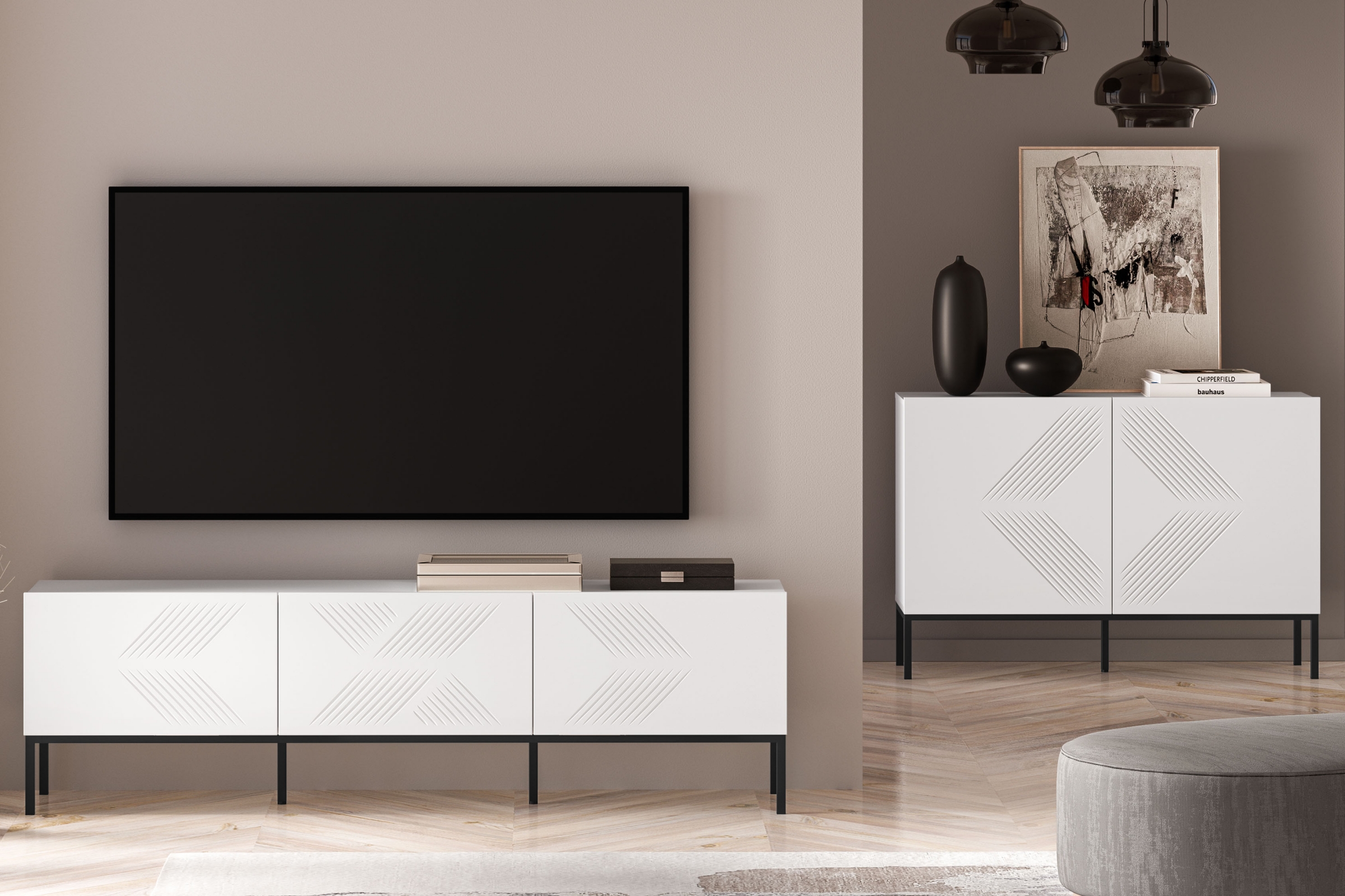 TV stolek Pingli 170 cm - bílý mat / černý rošt Skříňka RTV Pingli 04 - 170 cm - Bílý mat / Černý Rošt