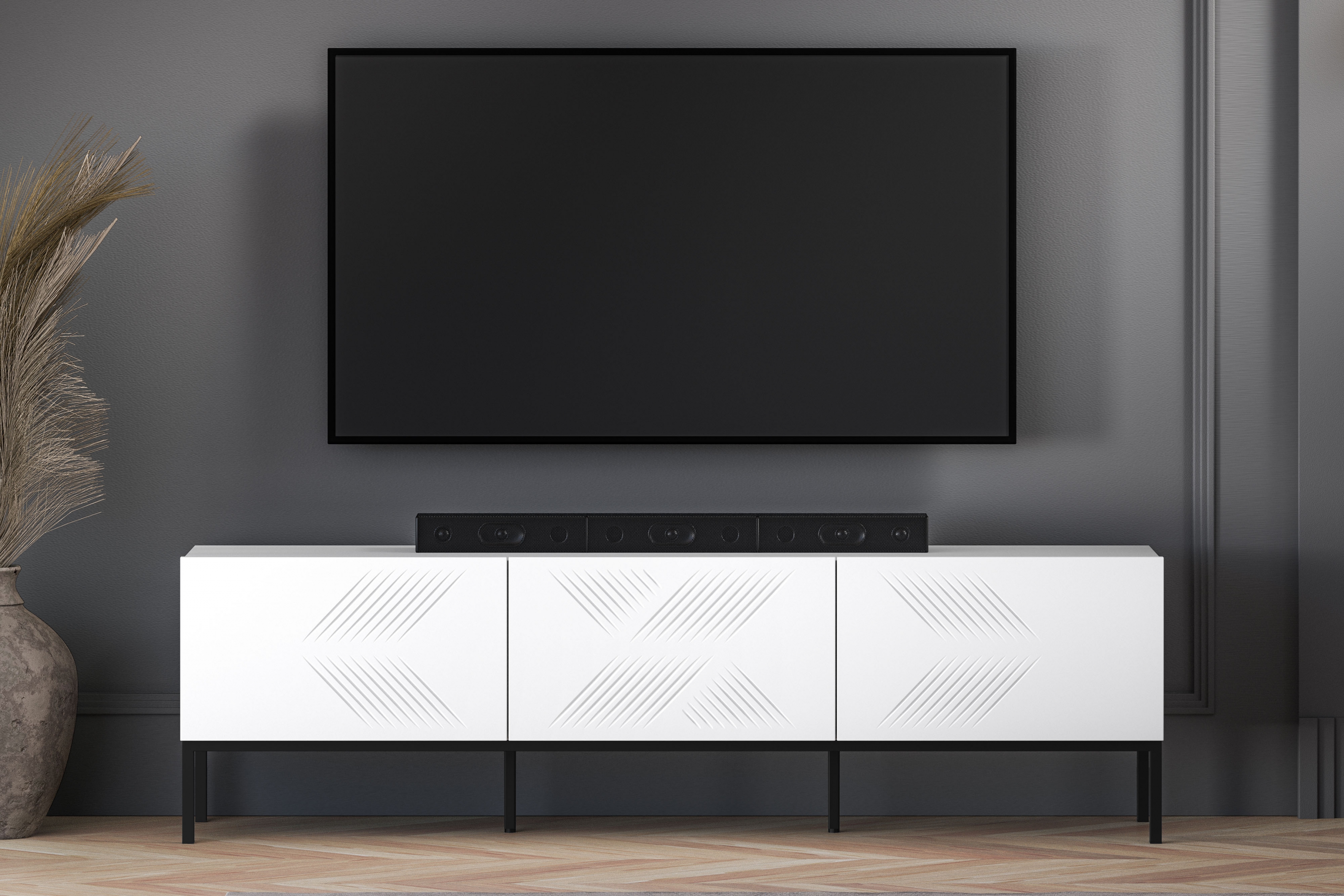 TV stolek Pingli 170 cm - bílý mat / černý rošt Skříňka RTV Pingli 04 - 170 cm - Bílý mat / Černý Rošt