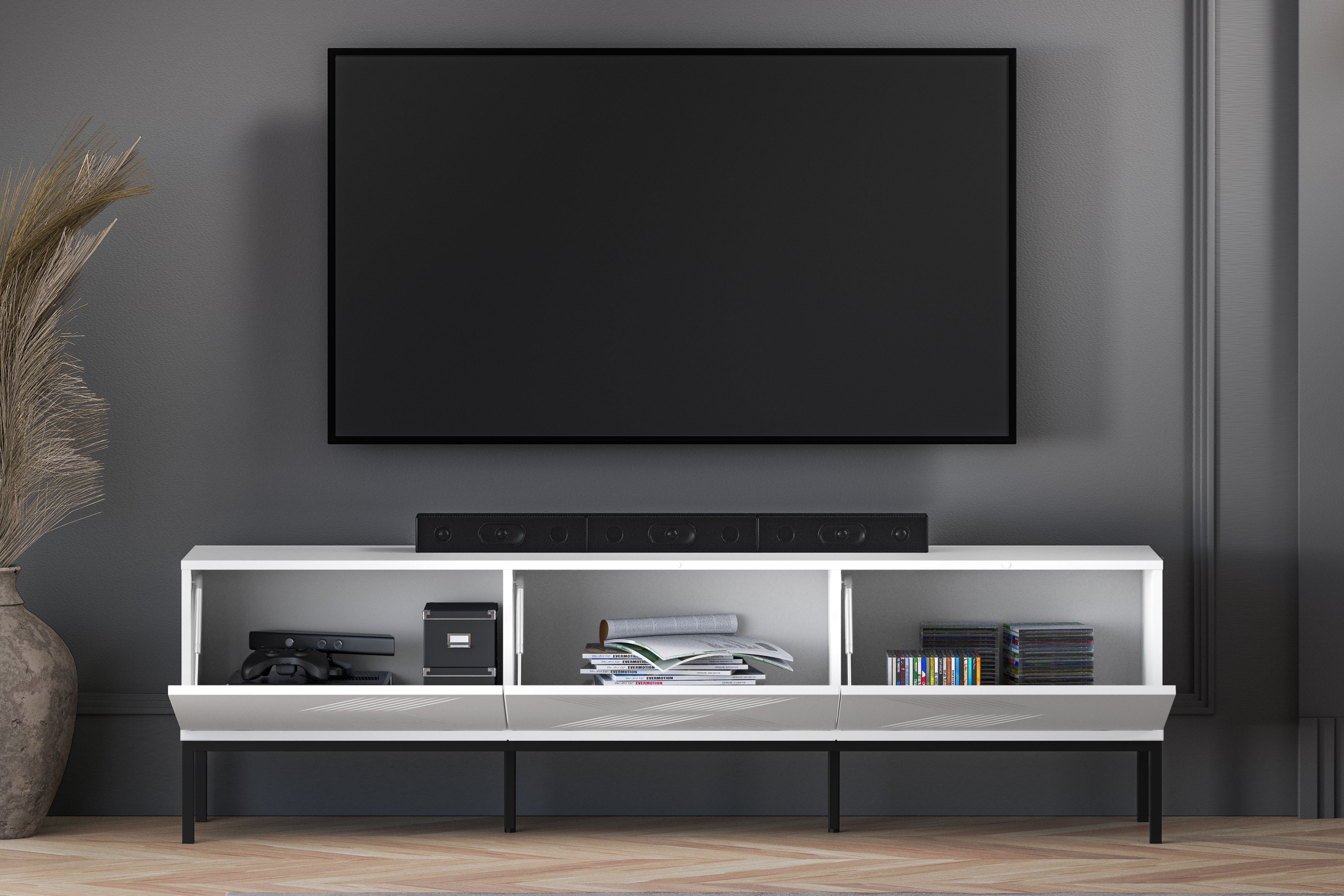 TV stolek Pingli 170 cm - bílý mat / černý rošt Skříňka RTV Pingli 04 - 170 cm - Bílý mat / Černý Rošt