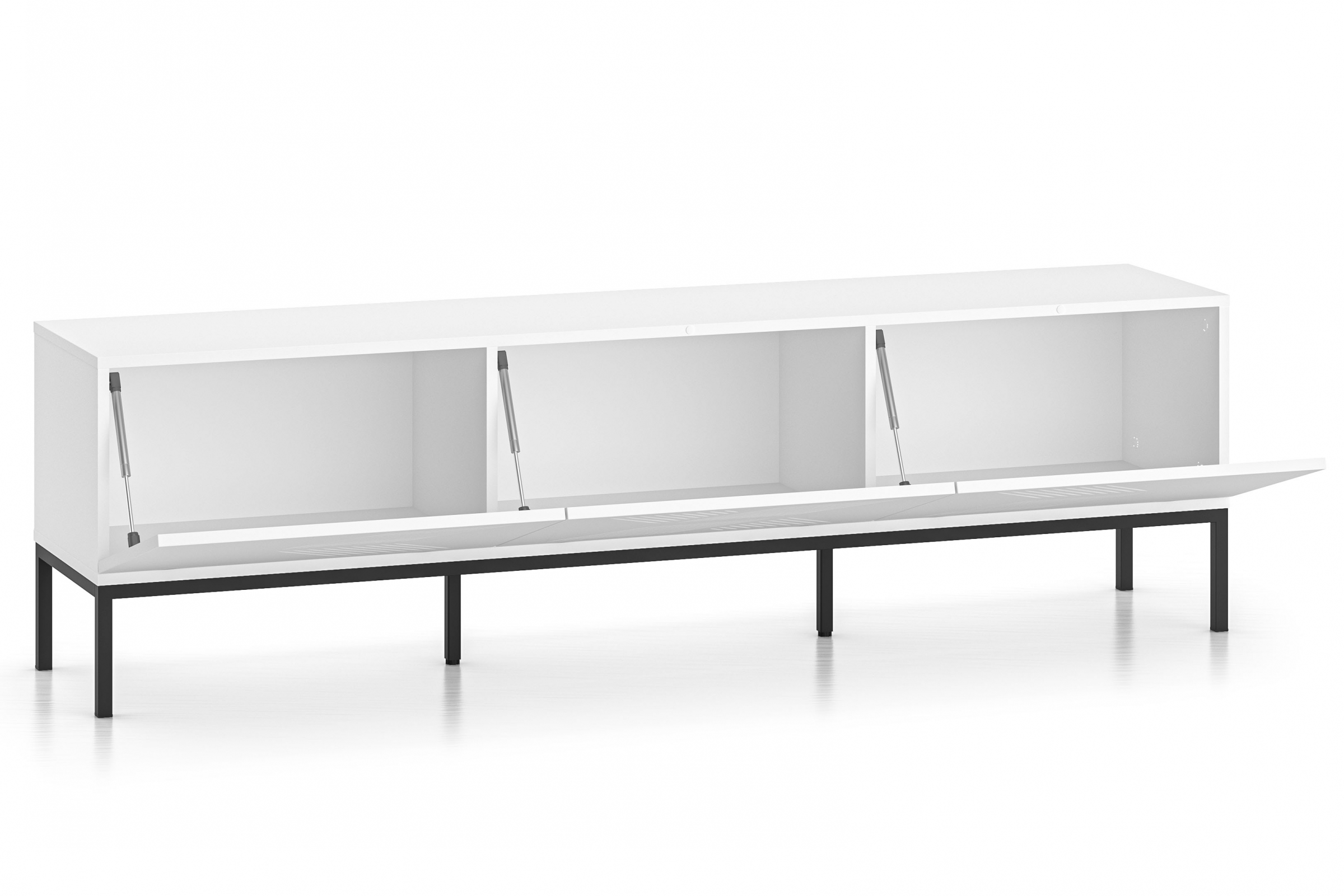 TV stolek Pingli 170 cm - bílý mat / černý rošt Skříňka RTV Pingli 04 - 170 cm - Bílý mat / Černý Rošt