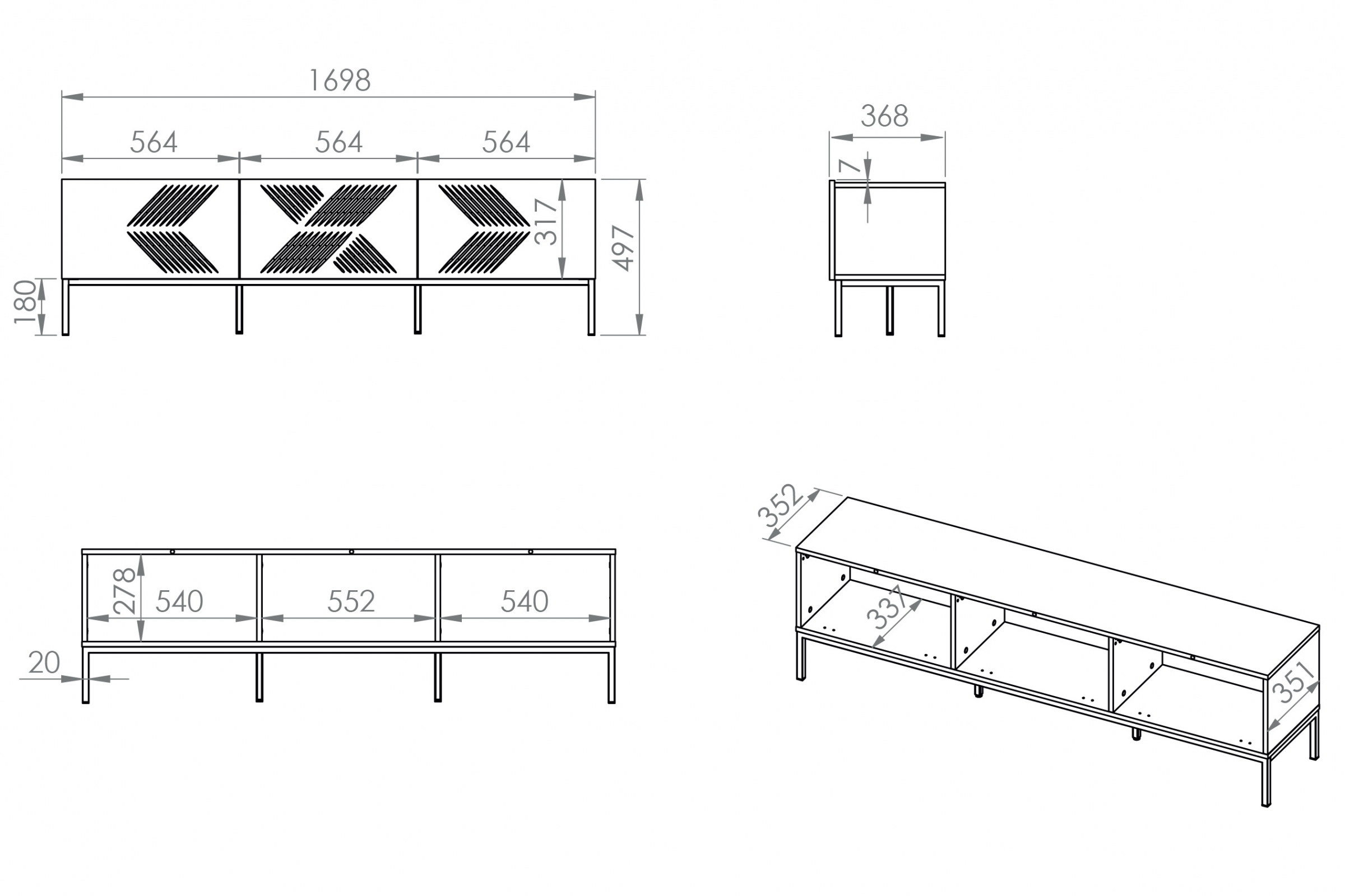 TV stolek Pingli 170 cm - bílý mat / černý rošt Skříňka RTV Pingli 04 - 170 cm - Bílý mat / Černý Rošt