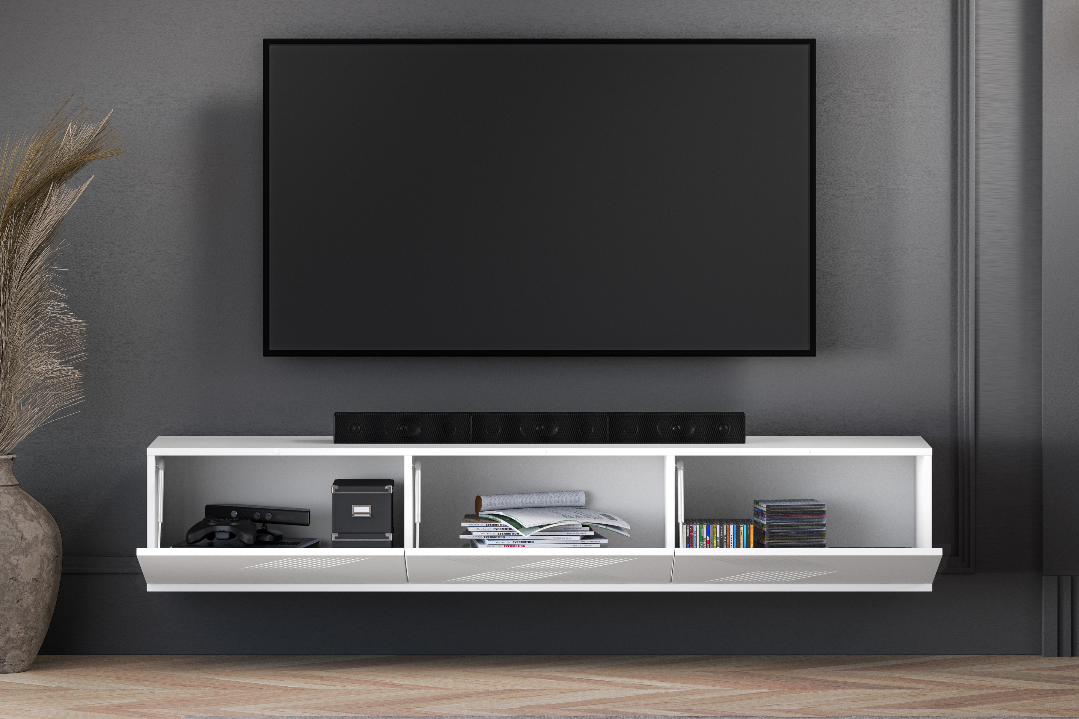 Závěsný TV stolek Pingli 170 cm - bílý mat Skříňka RTV Pingli 04 závěsná 170 cm - Bílý mat