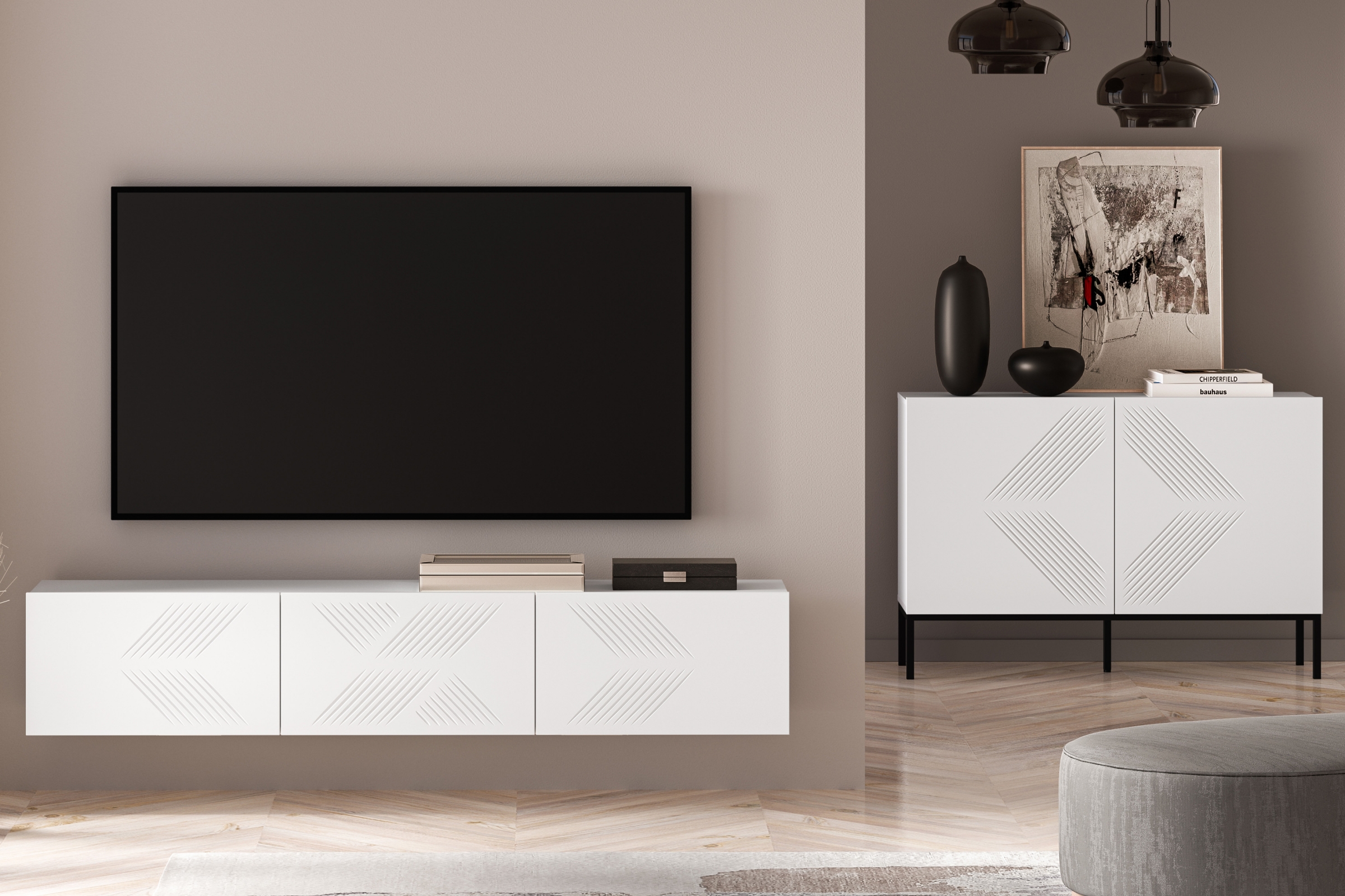 Závěsný TV stolek Pingli 170 cm - bílý mat Skříňka RTV Pingli 04 závěsná 170 cm - Bílý mat