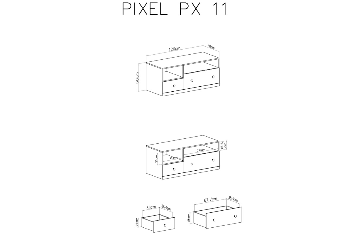 TV stolík Pixel 11 - dub piškótový/biela lux/sivá TV skrinka Pixel 11 - dub piškótový/Biely lux/šedý - Rozmery