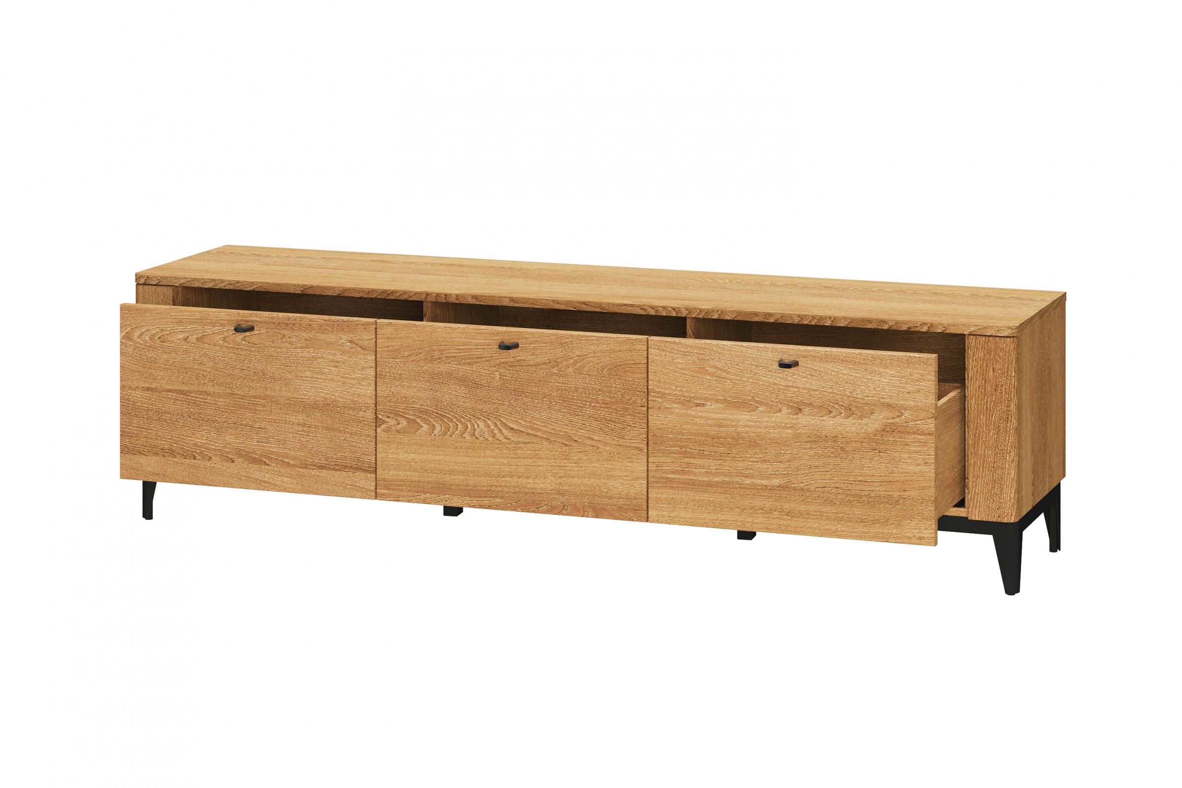 TV stolek Porto 25 se zásuvkami 180 cm - dub zlatý / černý mat Skříňka RTV Porto 25 s zásuvkami 180 cm - Dub zlatý/Černý mat