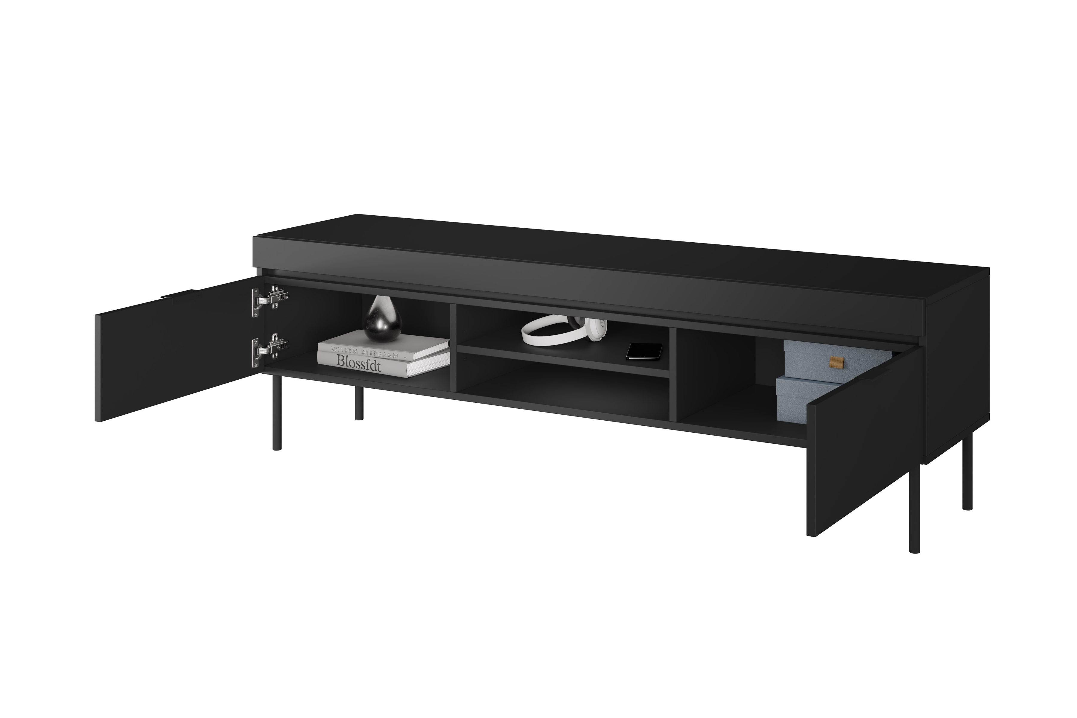 TV stolek Sentia 157 cm - černý / černý skříňka RTV Sentia 157 na kovových nohách - černá / černá 