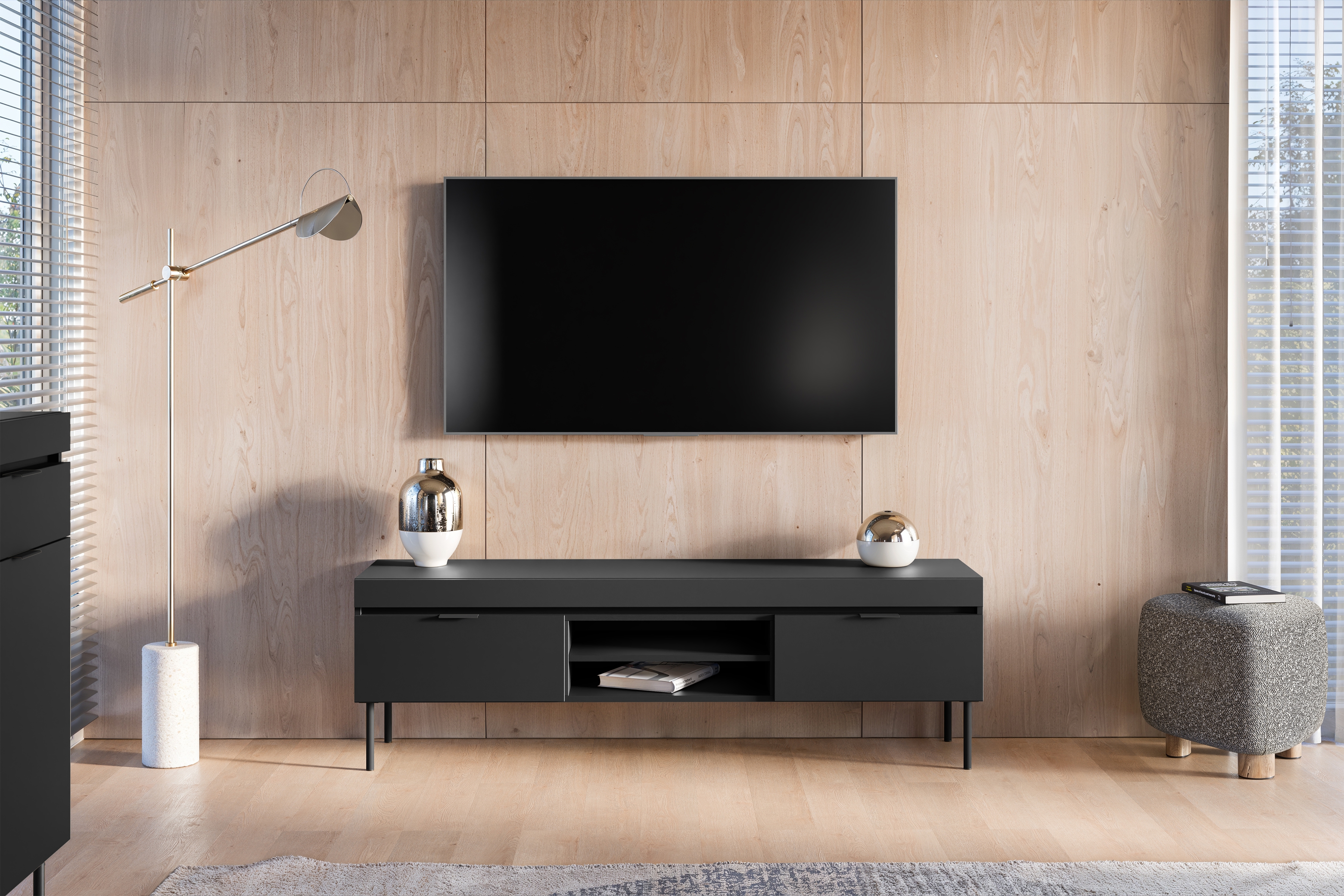 TV stolek Sentia 157 cm - černý / černý skříňka RTV Sentia 157 na kovových nohách - černá / černá 