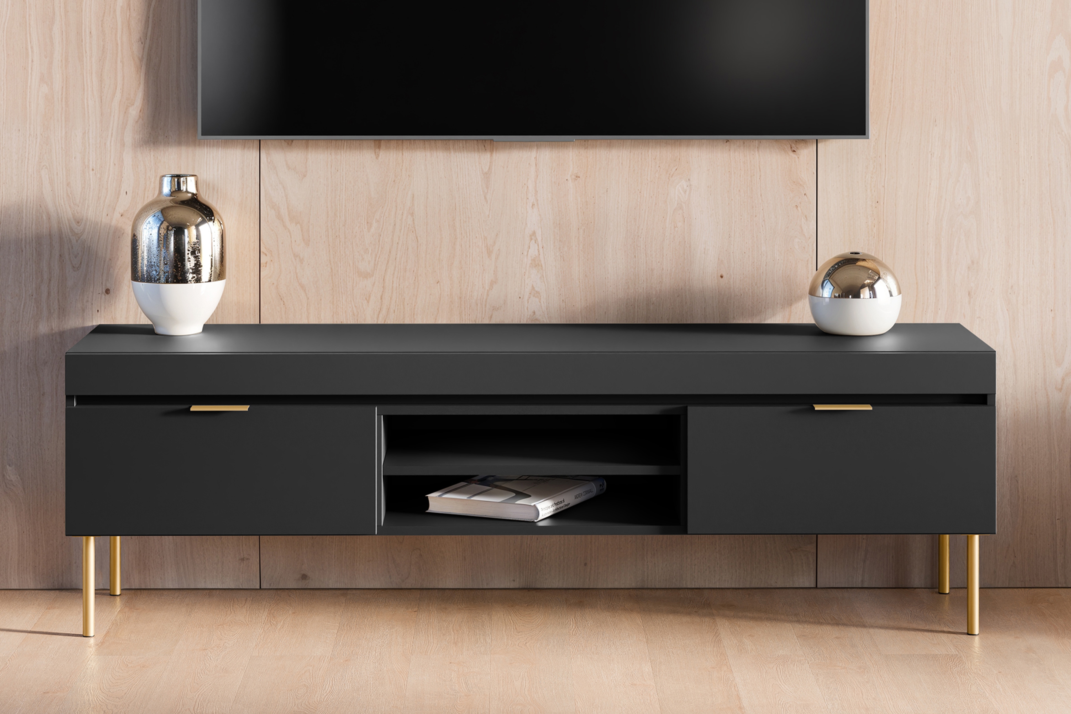 TV stolík Sentia 157 cm s 2 otvorenými policami - čierna / zlatá TV skrinka Sentia 157 na kovových nohách - Čierny / zlaté 