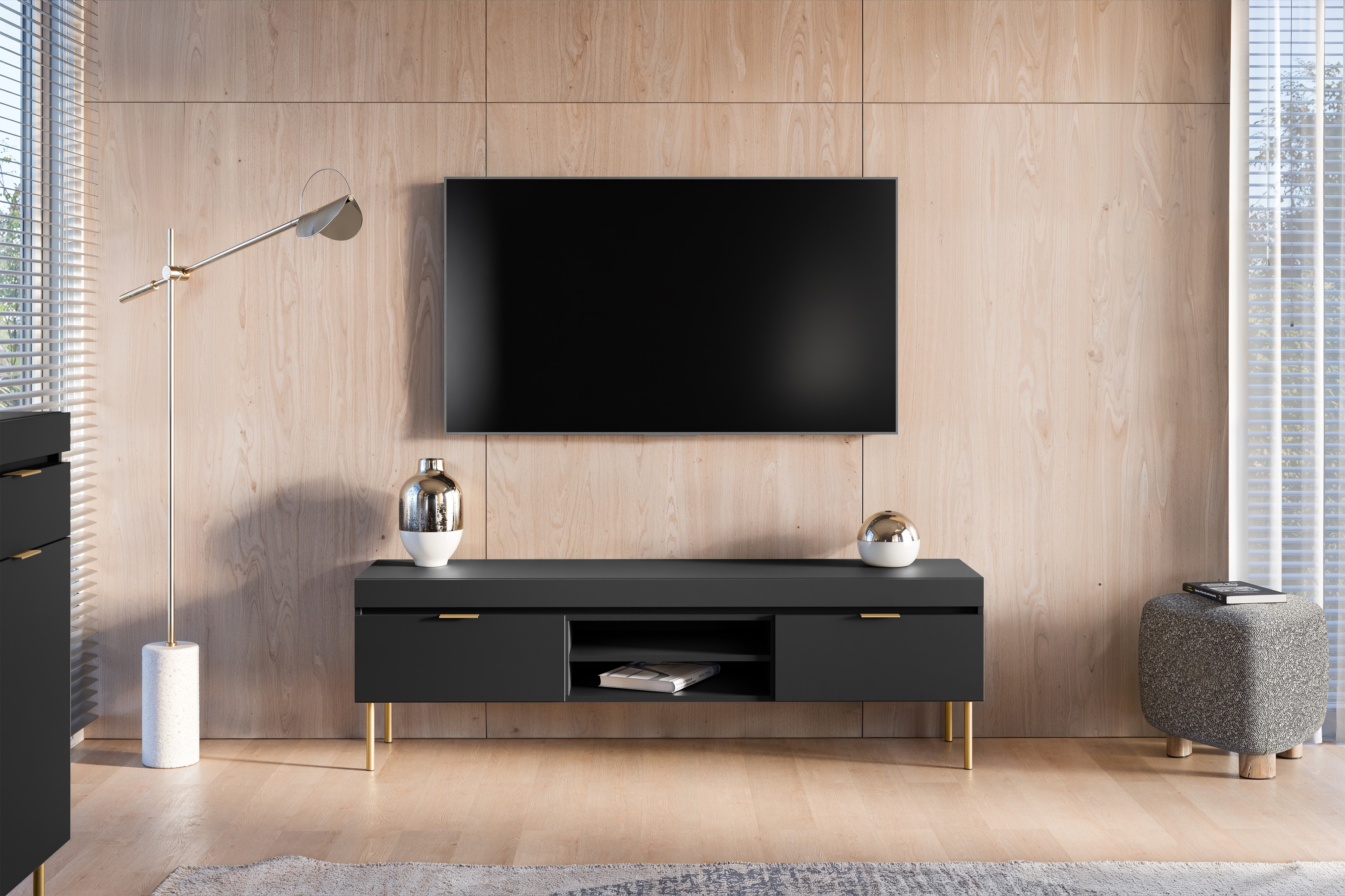 TV stolík Sentia 157 cm s 2 otvorenými policami - čierna / zlatá TV skrinka Sentia 157 na kovových nohách - Čierny / zlaté 