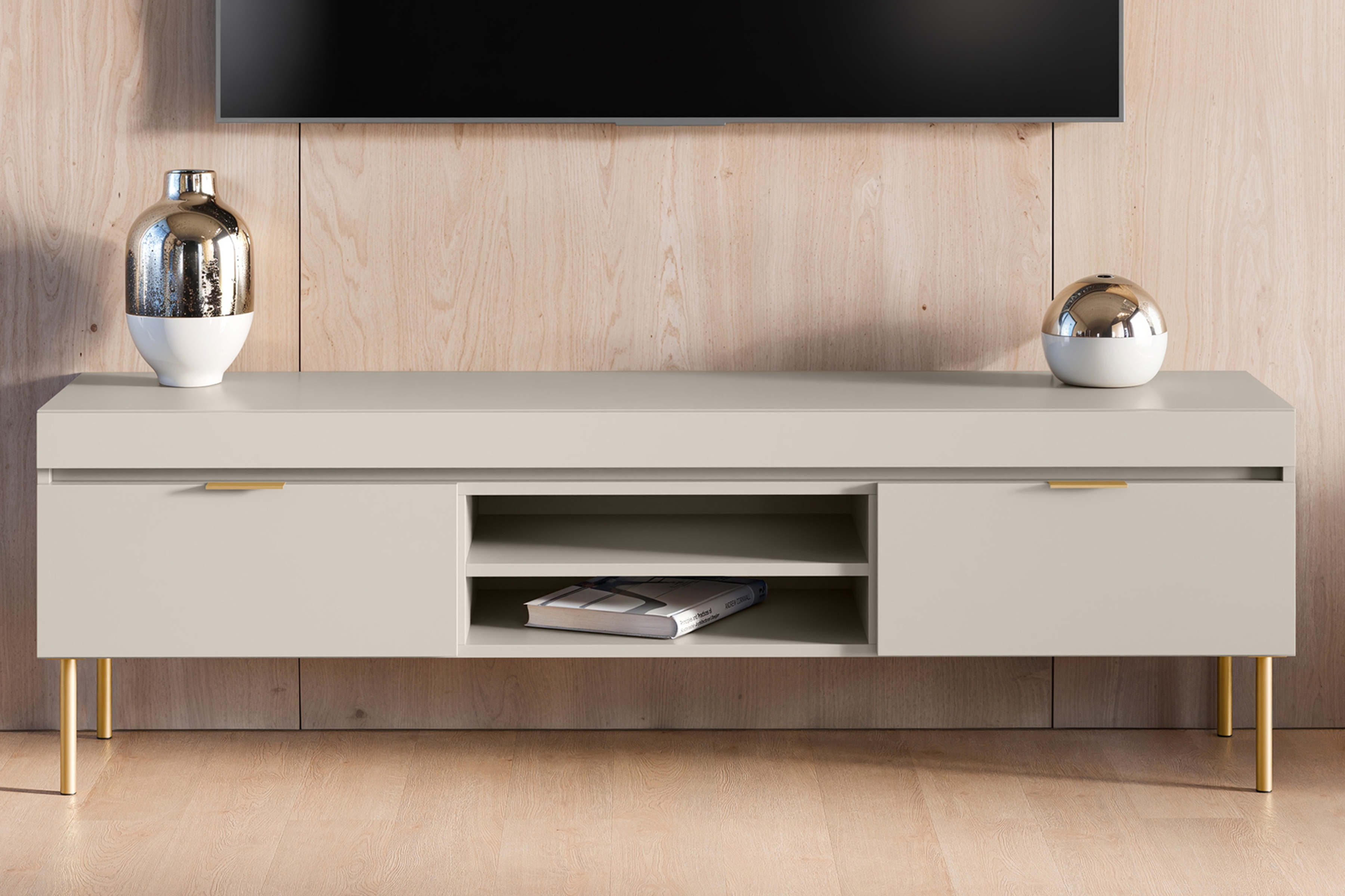 TV stolík Sentia 157 cm s 2 otvorenými policami - kašmírová / zlatá TV skrinka Sentia 157 na kovových nohách - kašmír / zlaté 