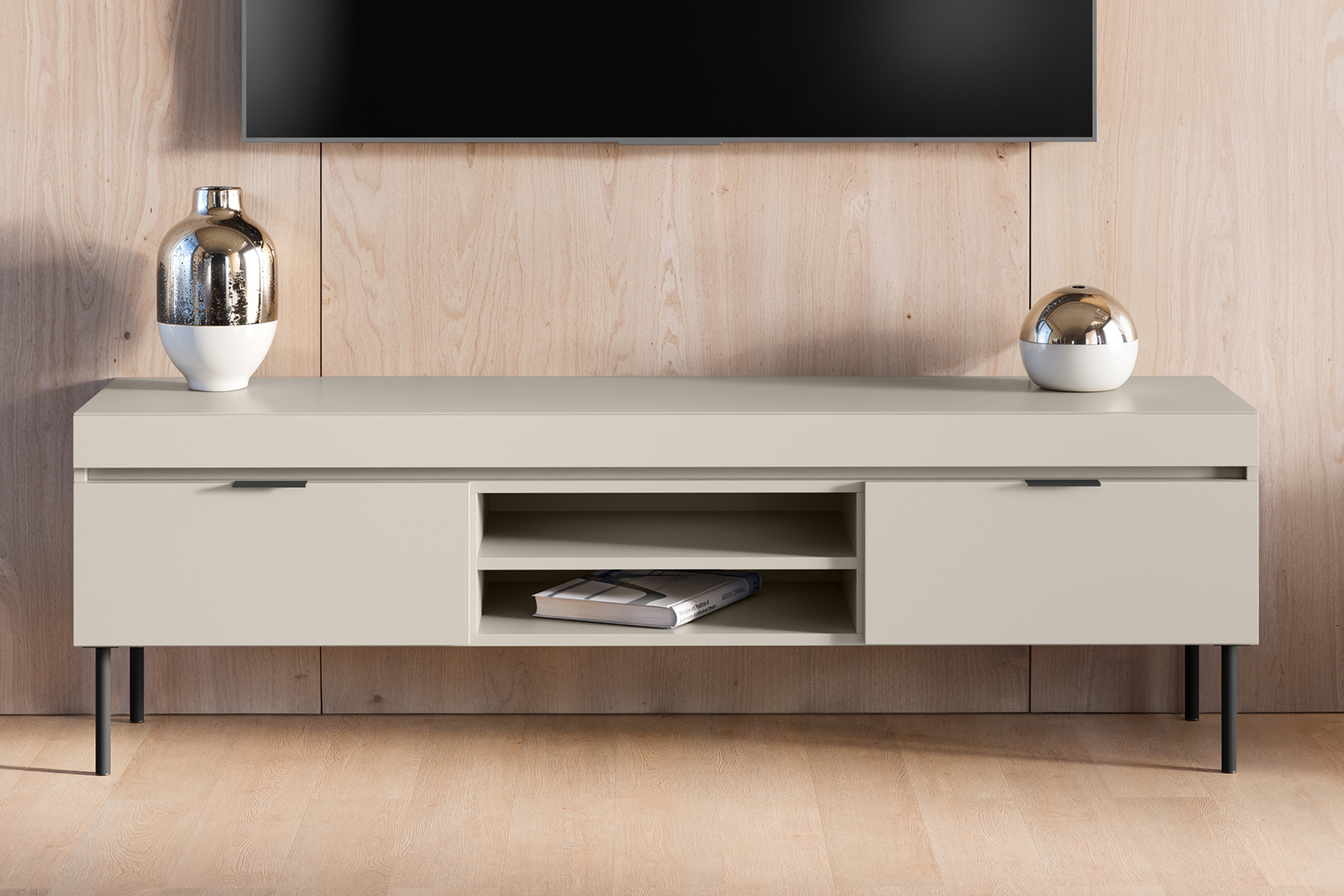 TV stolek Sentia 157 cm - kašmírový / černý skříňka RTV Sentia 157 na kovových nohách - kašmír/ černá 