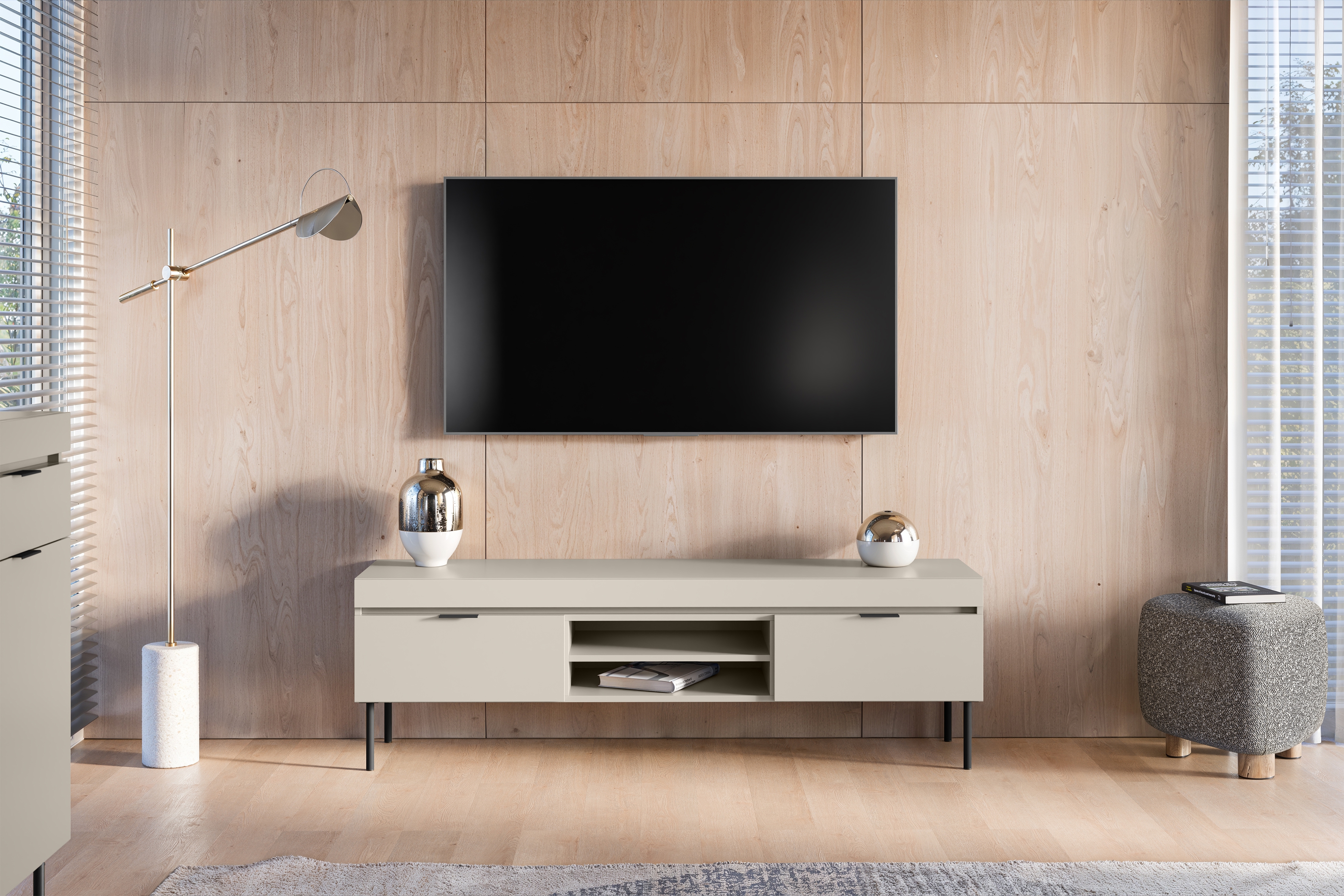 TV stolek Sentia 157 cm - kašmírový / černý skříňka RTV Sentia 157 na kovových nohách - kszamir / černá 