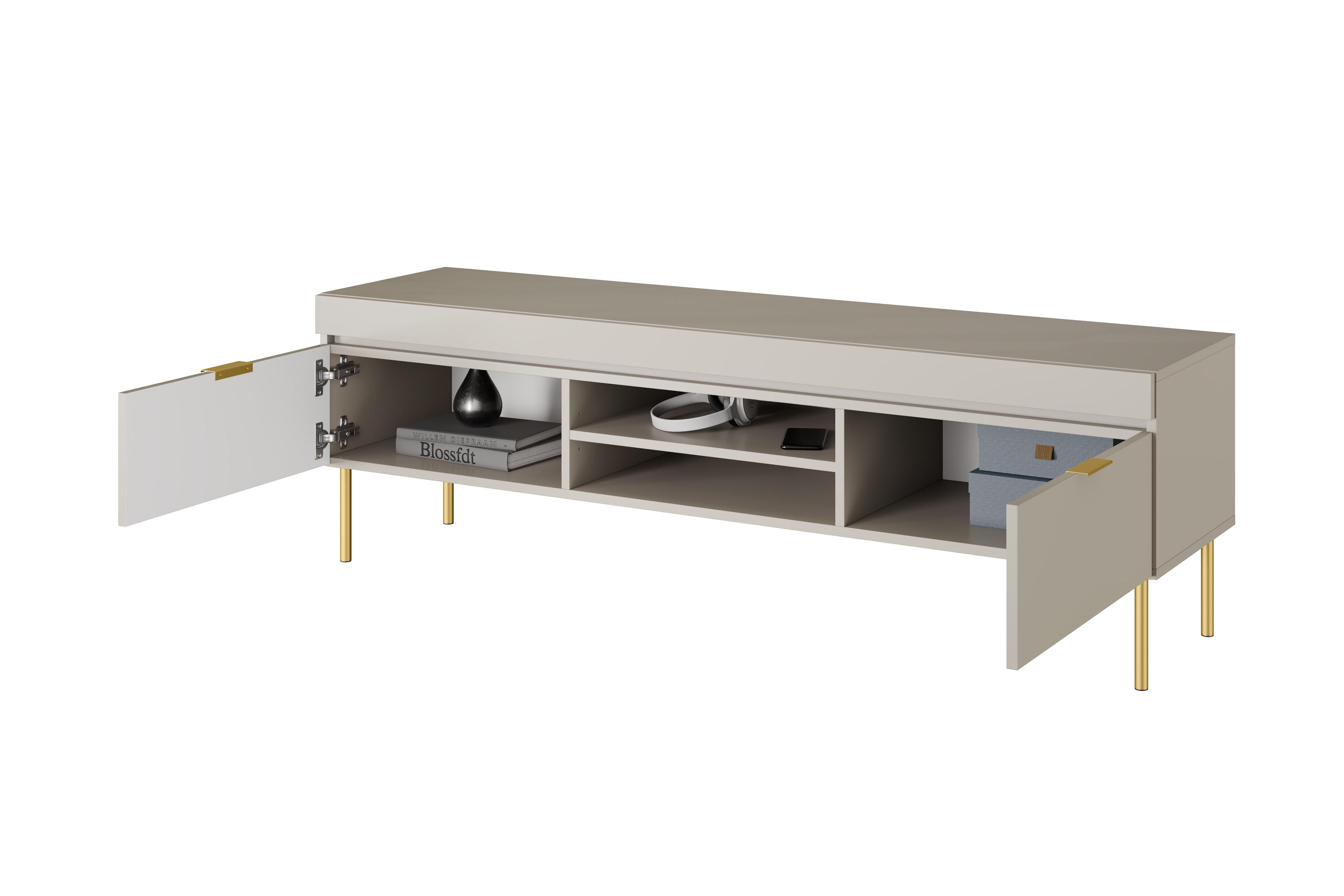 TV stolík Sentia 157 cm s 2 otvorenými policami - kašmírová / zlatá TV skrinka Sentia 157 na kovových nohách - kszamir / zlaté 