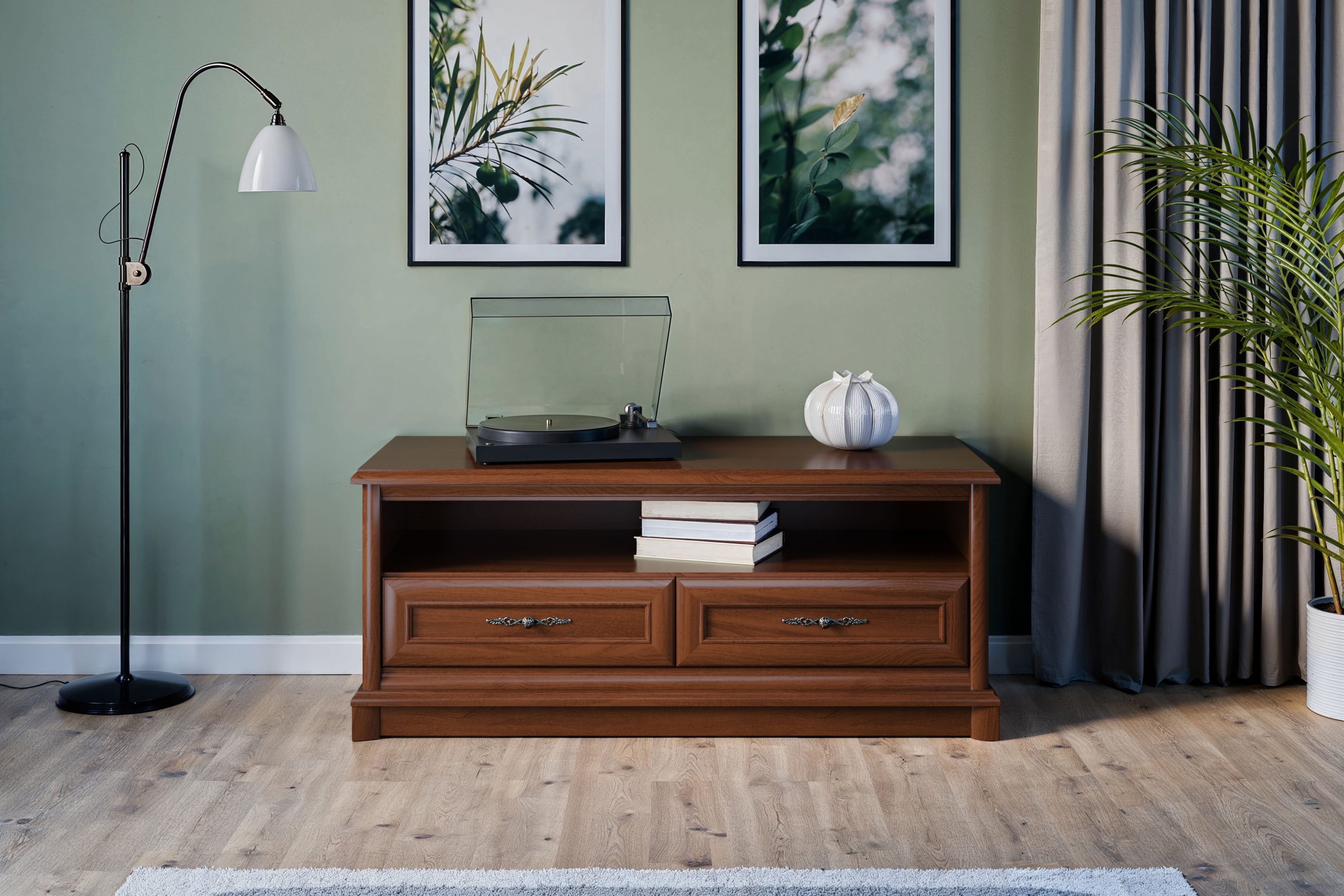 TV stolek Sonata 130 cm se zásuvkami a výklenkem - kaštan šlechetný Skříňka RTV Sonata se zásuvkami i wneka 130 cm - kaštan szlachetny