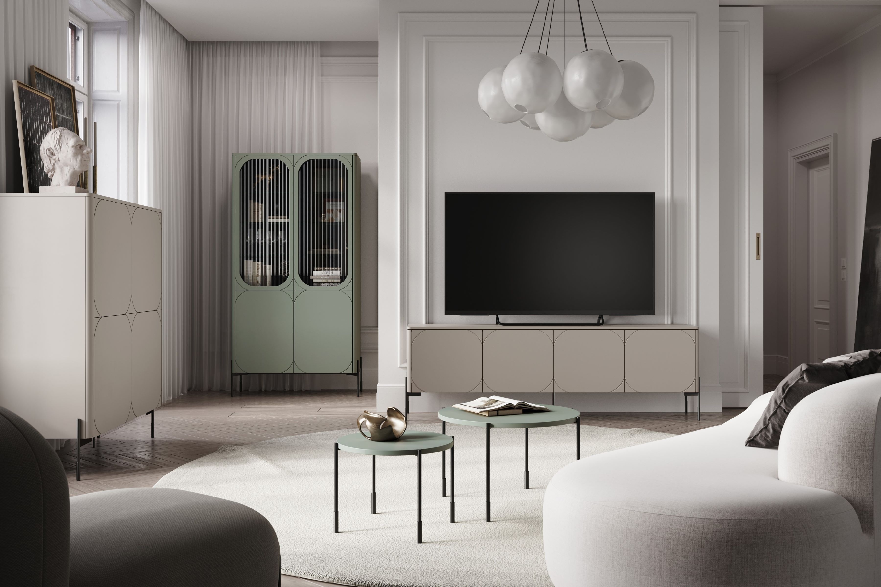 TV stolek Sonatia 200 cm se skrytou zásuvkou - kašmír skříňka RTV Sonatia 200 cm čtyřdveřová z ukryta szuflada - kašmír