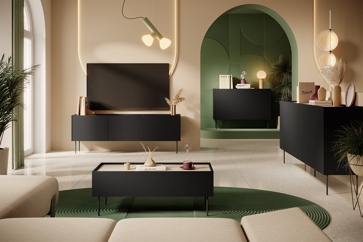 TV stolek Desin 170 cm - černý mat / dub nagano TV skříňka Desin 170 - Černý mat / Dub nagano - aranzacja