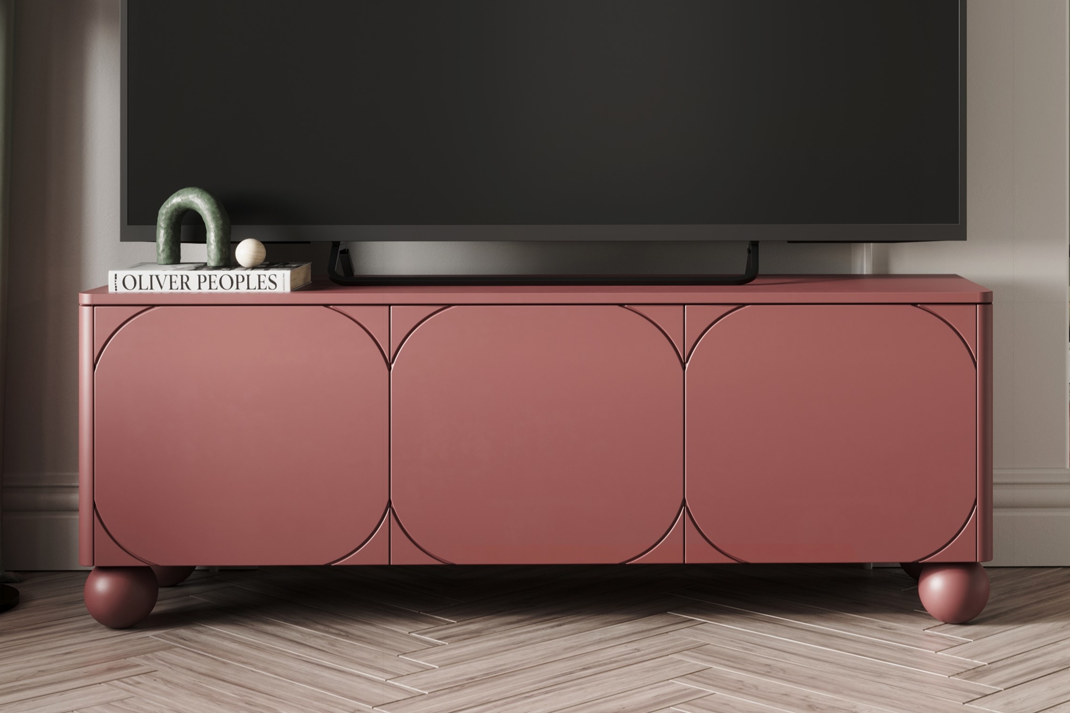 TV stolík Sonatia II 150 cm - burgundová TV skrinka trojdverová Sonatia II na nogach kulach 150 cm - burgund