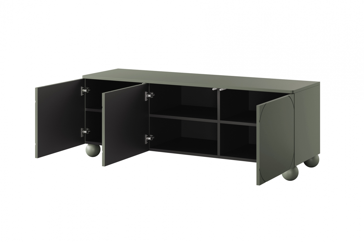 TV stolek Sonatia II 150 cm na kulovitých nožkách - olivový skříňka rtv z policemi