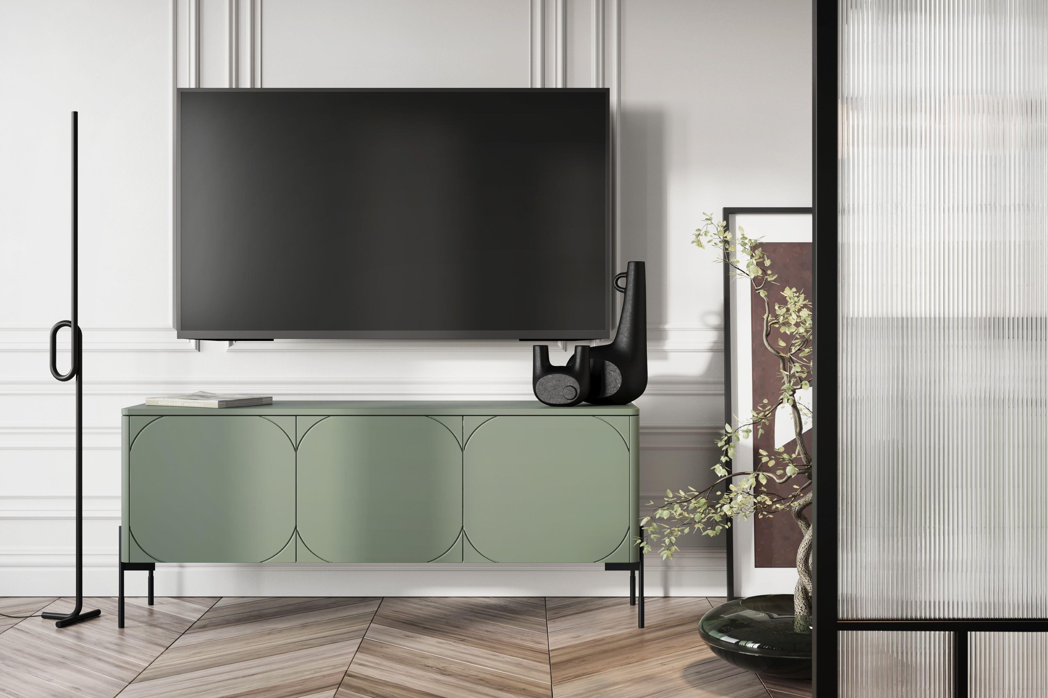 TV stolek Sonatia 150 cm - olivová skříňka RTV třídveřová Sonatia na kovových nohách 150 cm - olivová