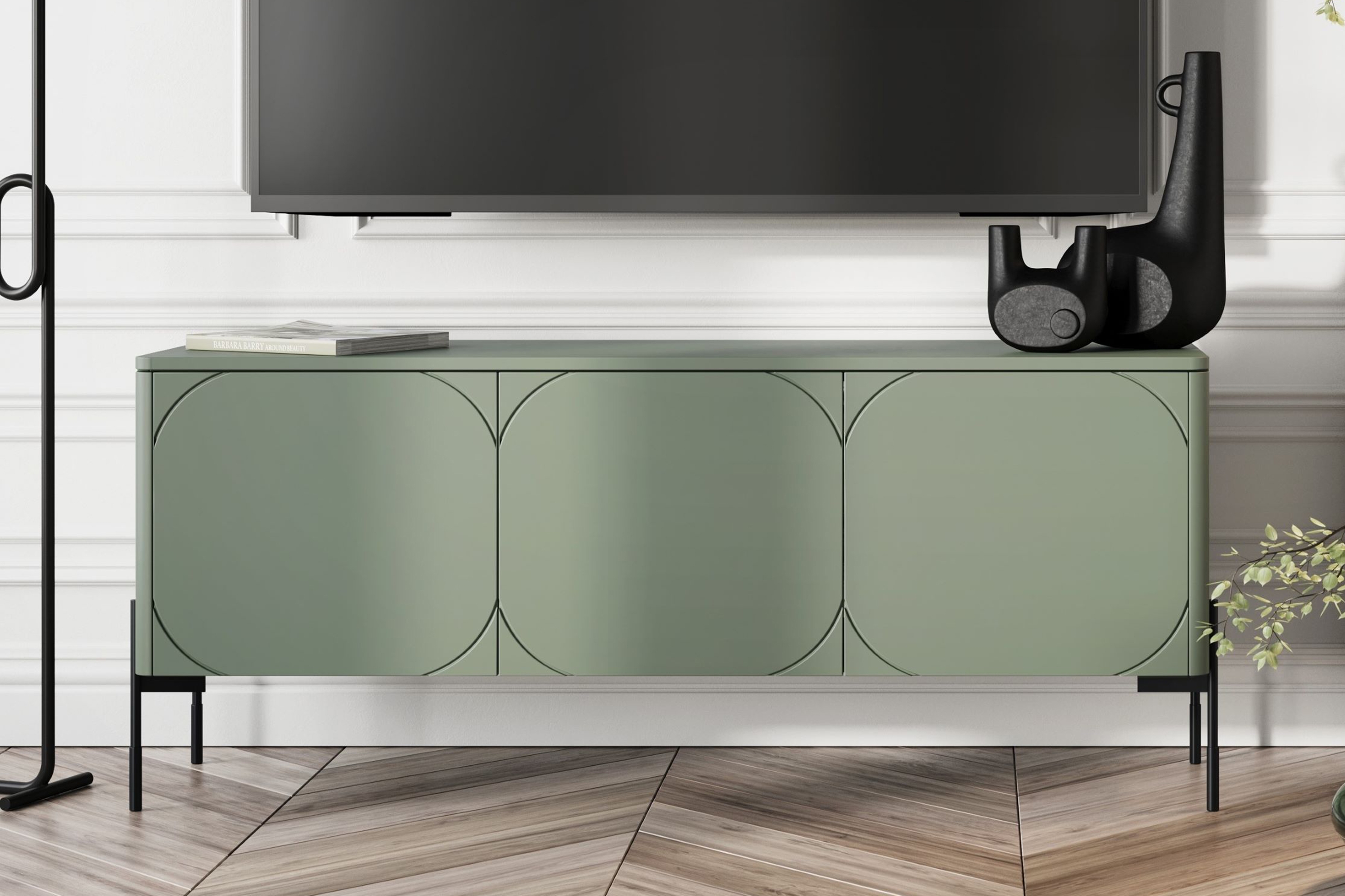 TV stolek Sonatia 150 cm - olivová skříňka RTV třídveřová Sonatia na kovových nohách 150 cm - olivová