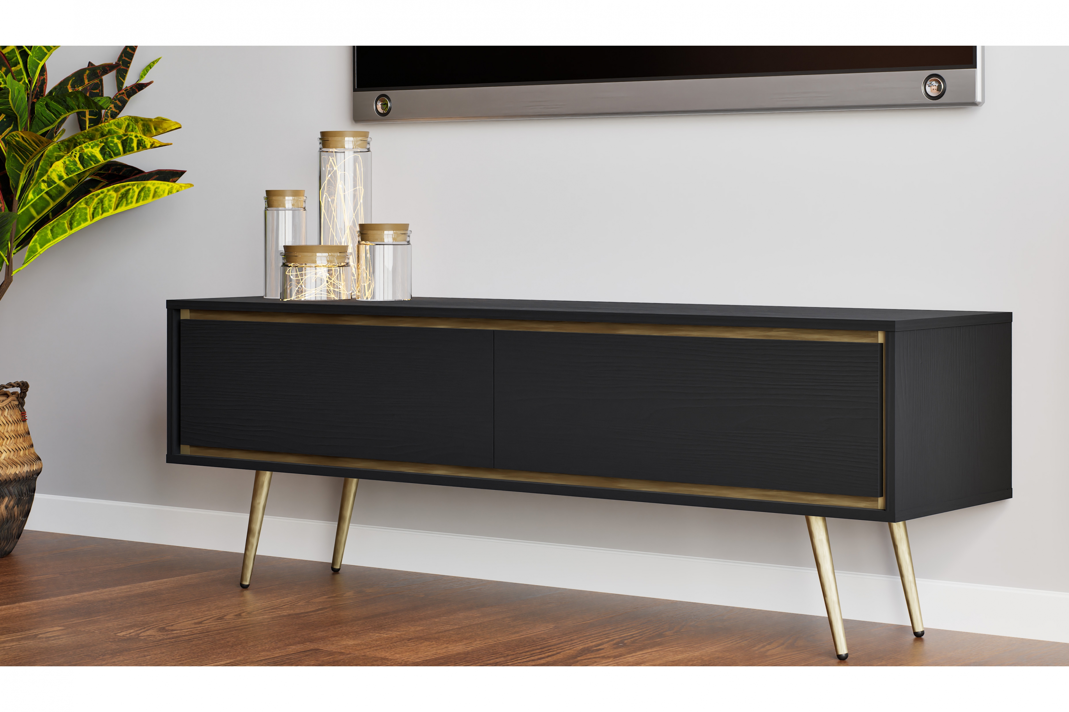 TV stolek Unili 150 cm - černý grafit / zlaté detaily skříňka RTV Unili 150 cm - černá grafit / zlatá