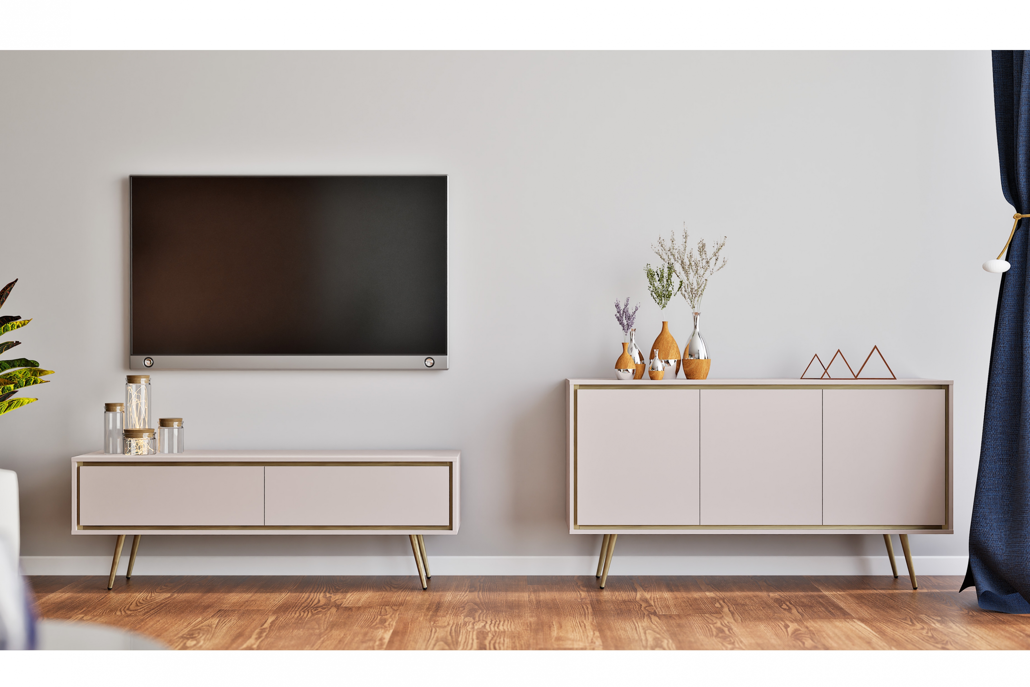 TV stolek Unili 150 cm - kašmírový / zlaté detaily skříňka RTV Unili 150 cm - kašmír / zlatá