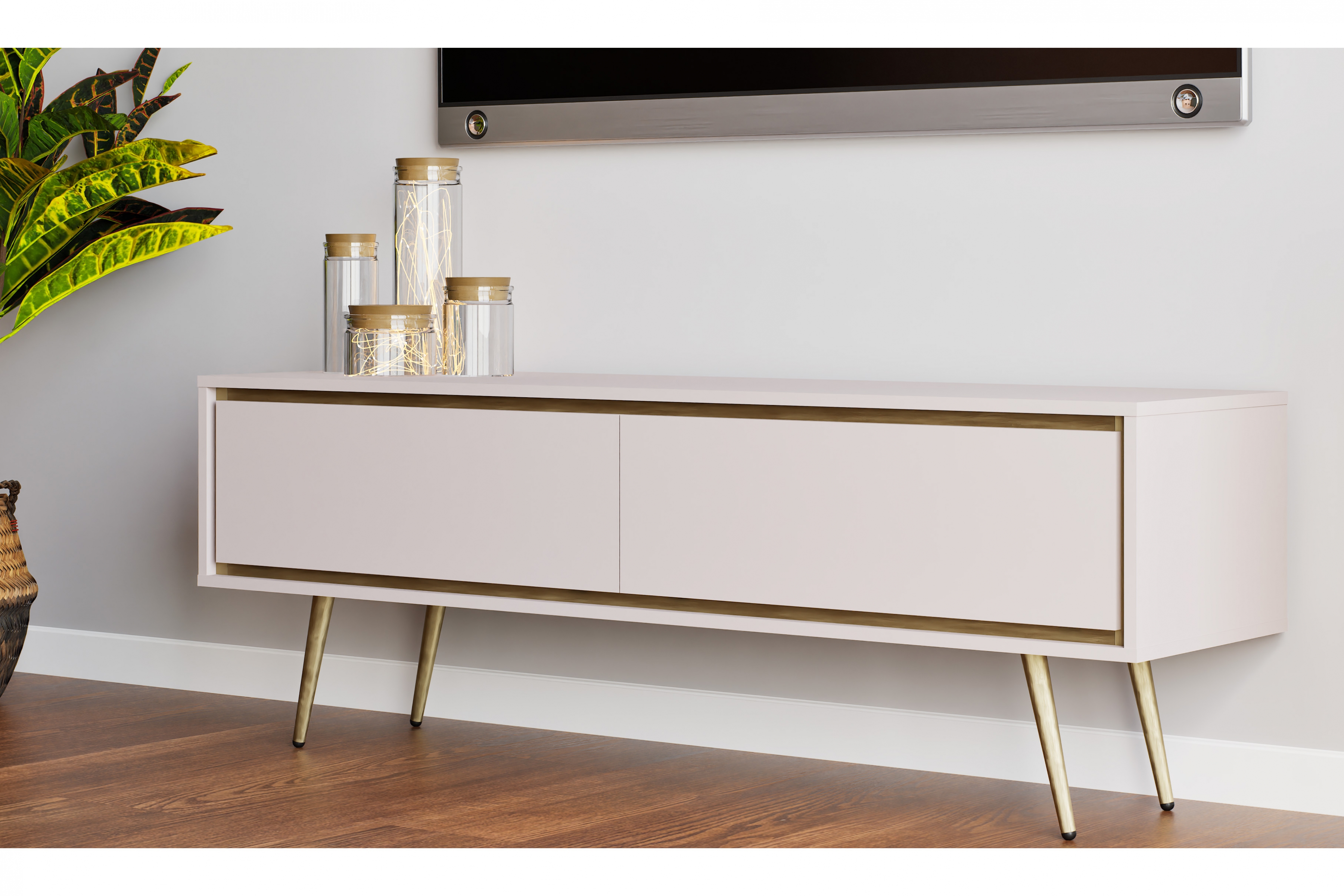 TV stolek Unili 150 cm - kašmírový / zlaté detaily skříňka RTV Unili 150 cm - kašmír / zlatá