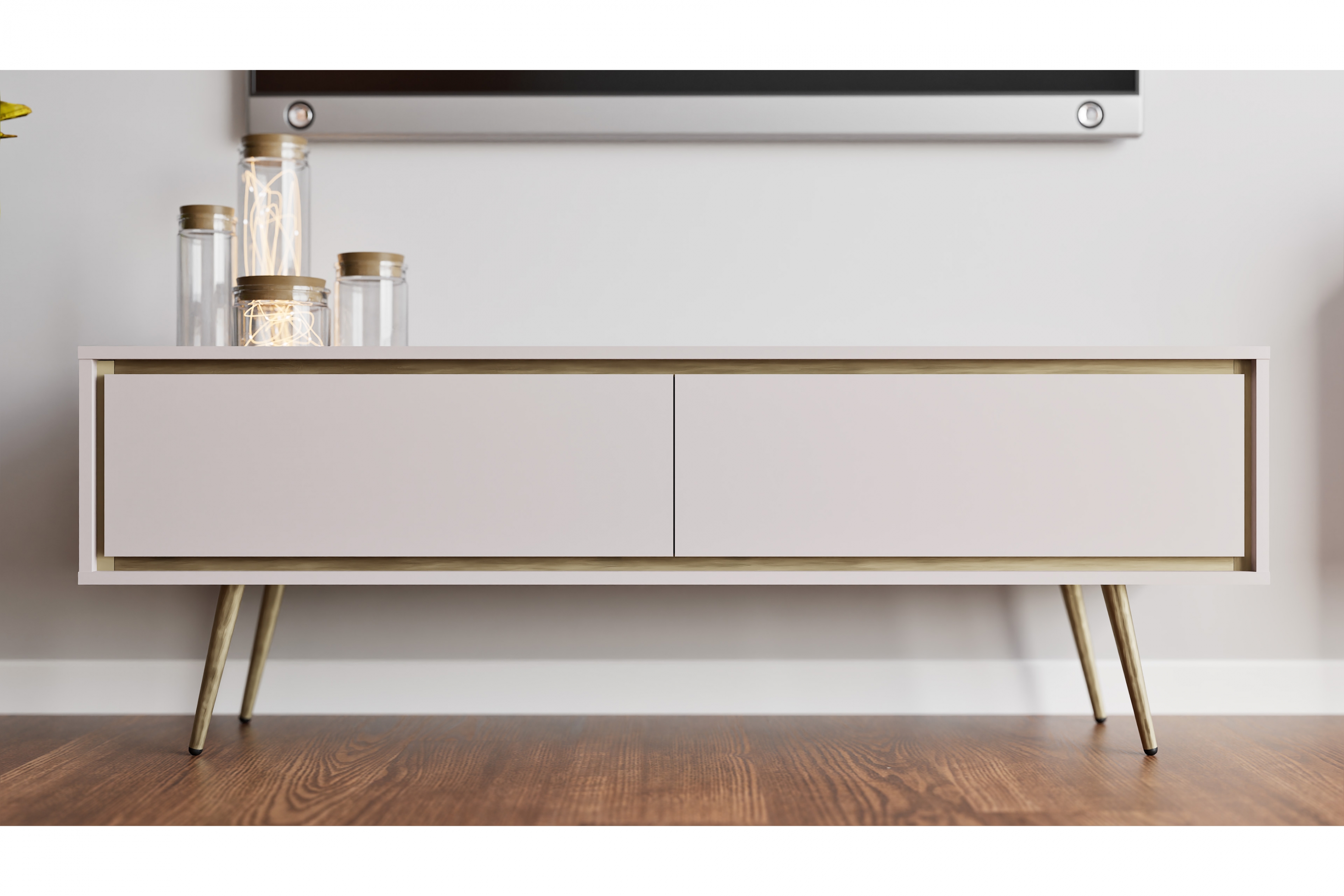 TV stolek Unili 150 cm - kašmírový / zlaté detaily skříňka RTV Unili 150 cm - kašmír / zlatá