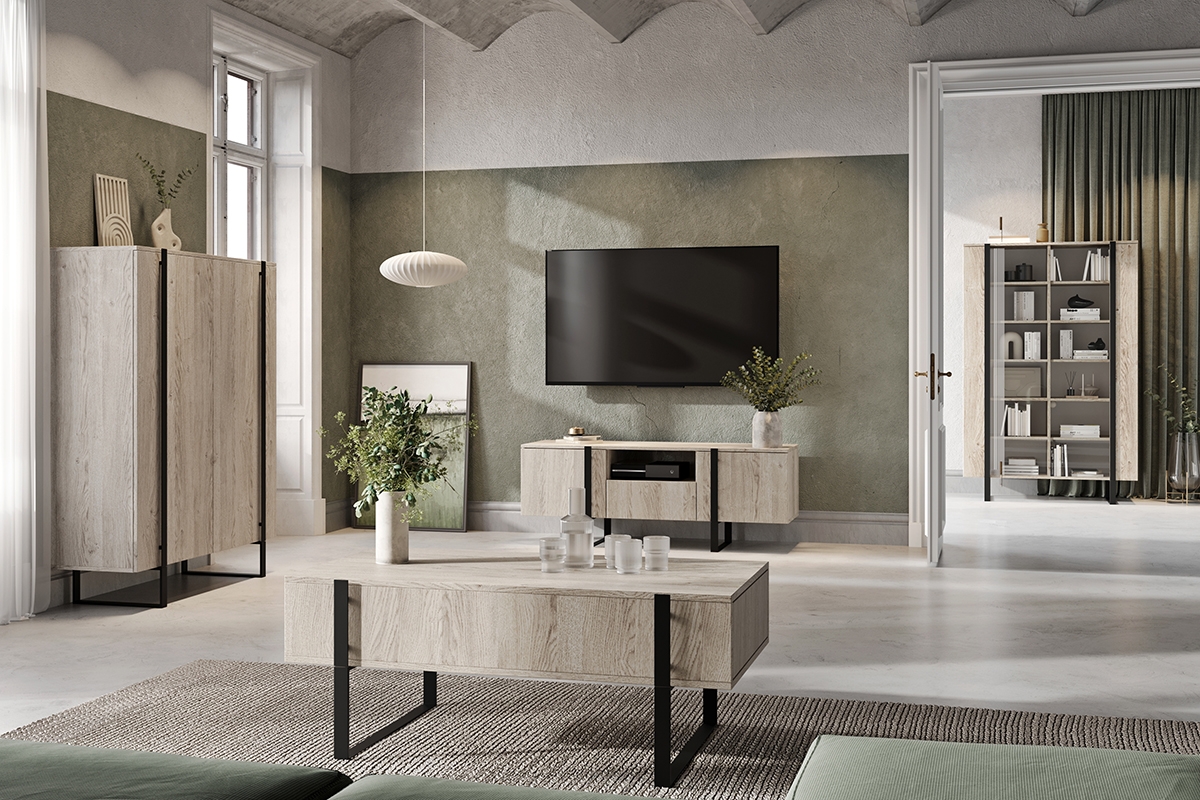 TV stolík Verica s otvorenou policou 150 cm - dub piškótový / čierne nožičky TV skrinka Verica 150 cm s výklenkom - dub piškótový / čierne nožičky - vizualizácia