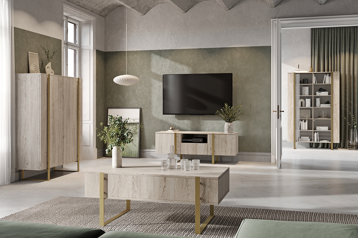 TV stolík Verica s otvorenou policou 150 cm - dub piškótový / zlaté nožičky TV skrinka Verica 150 cm s výklenkom - dub piškótový / zlaté nožičky - vizualizácia