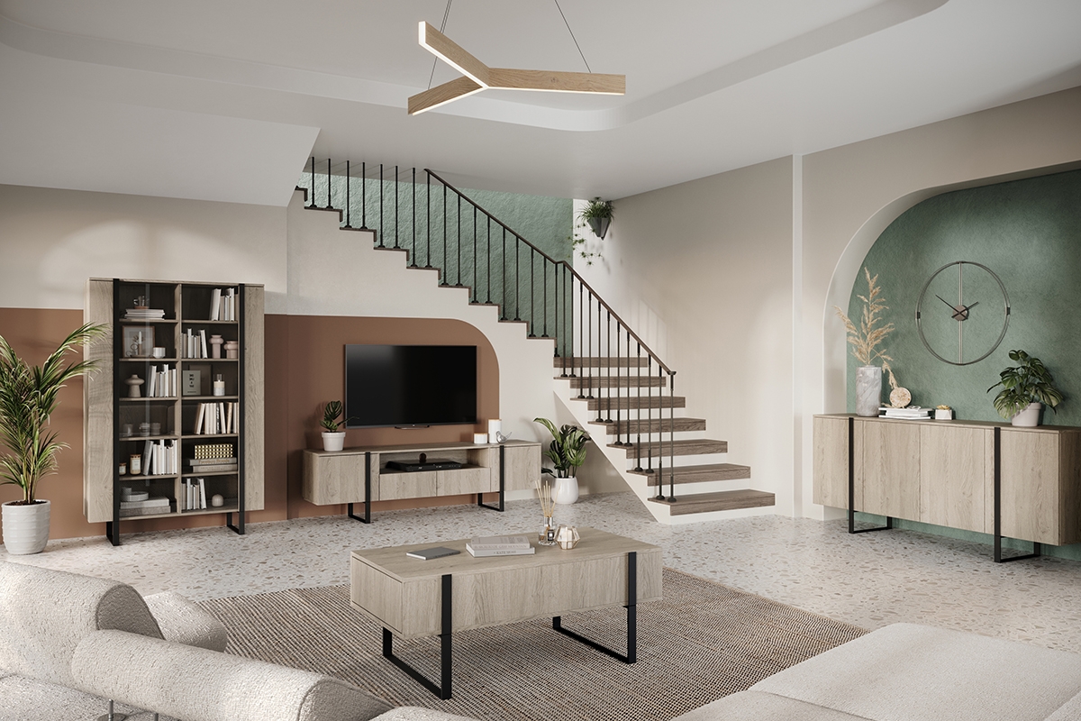 TV stolík Verica s otvorenou policou 200 cm - dub piškótový / čierne nožičky TV skrinka Verica TV skrinka Nicole 200 cm s výklenkom - dub piškótový / čierne nožičky - vizualizácia