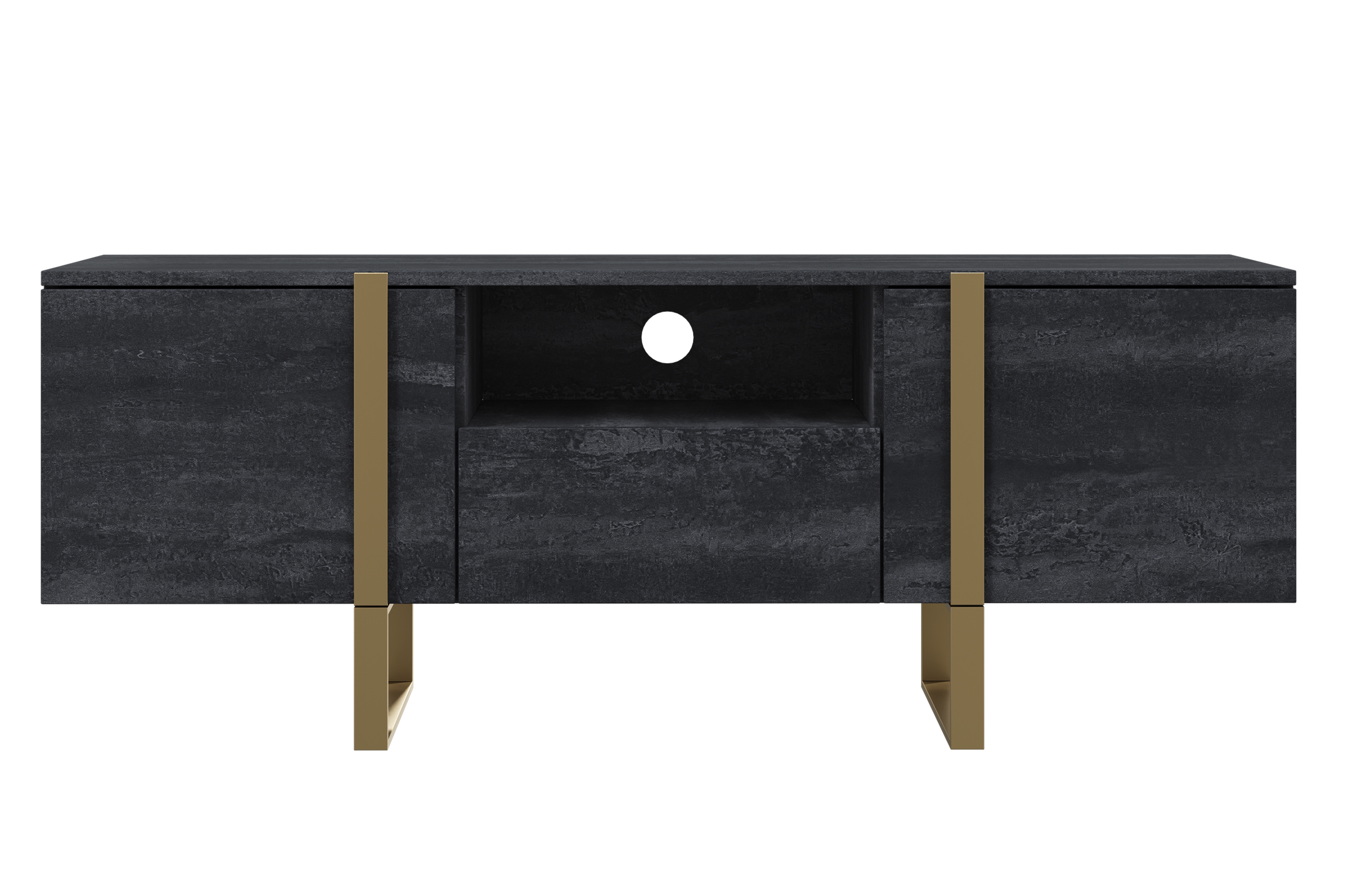 TV stolík Verica 150 cm s otvorenou policou - charcoal / zlaté nožičky TV skrinka Verica z szuflada, wneka i metalowymi nogami 150 cm - Čierny beton / zlote nozki