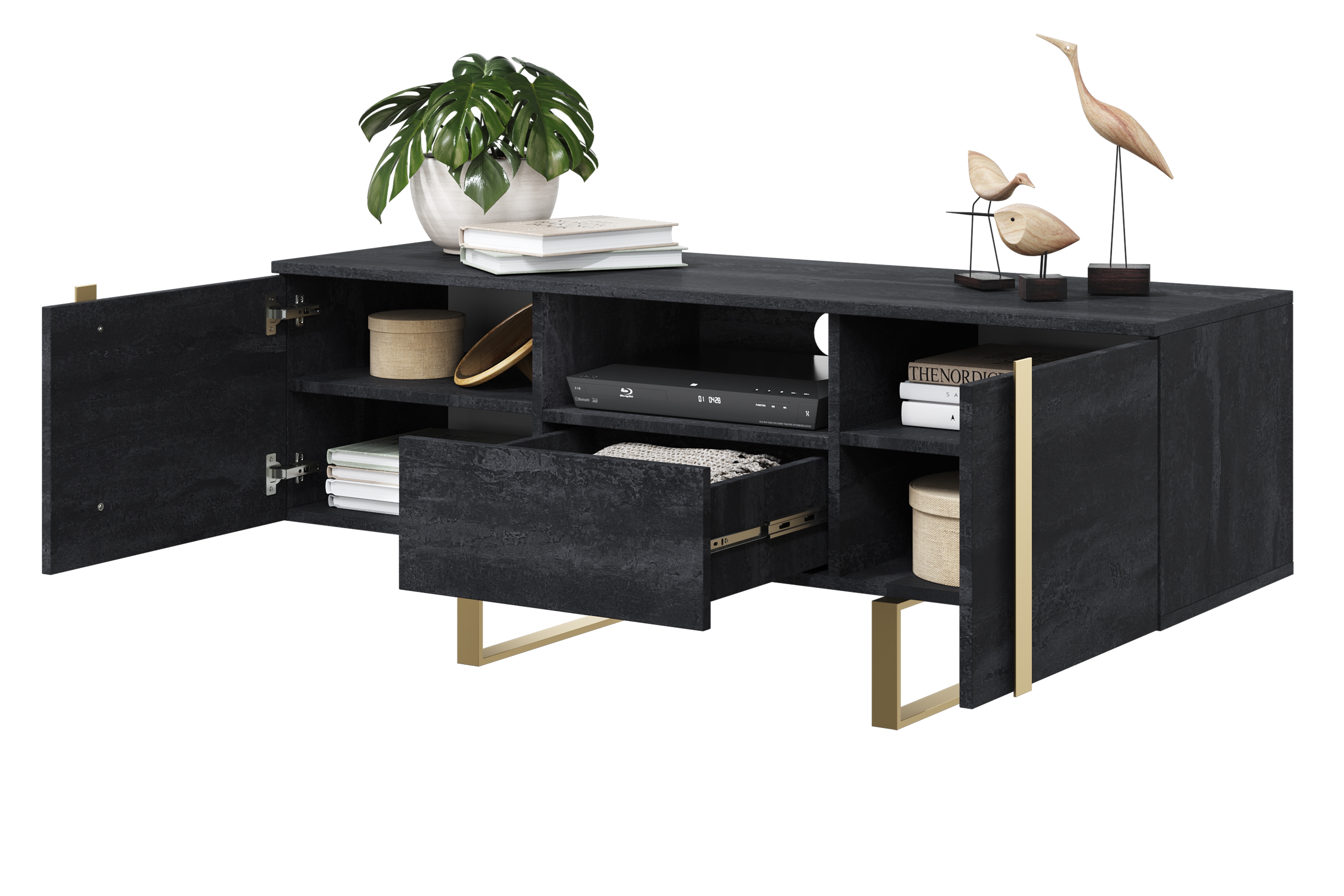 TV stolík Verica 150 cm s otvorenou policou - charcoal / zlaté nožičky TV skrinka Verica z szuflada, wneka i metalowymi nogami 150 cm - Čierny beton / zlote nozki