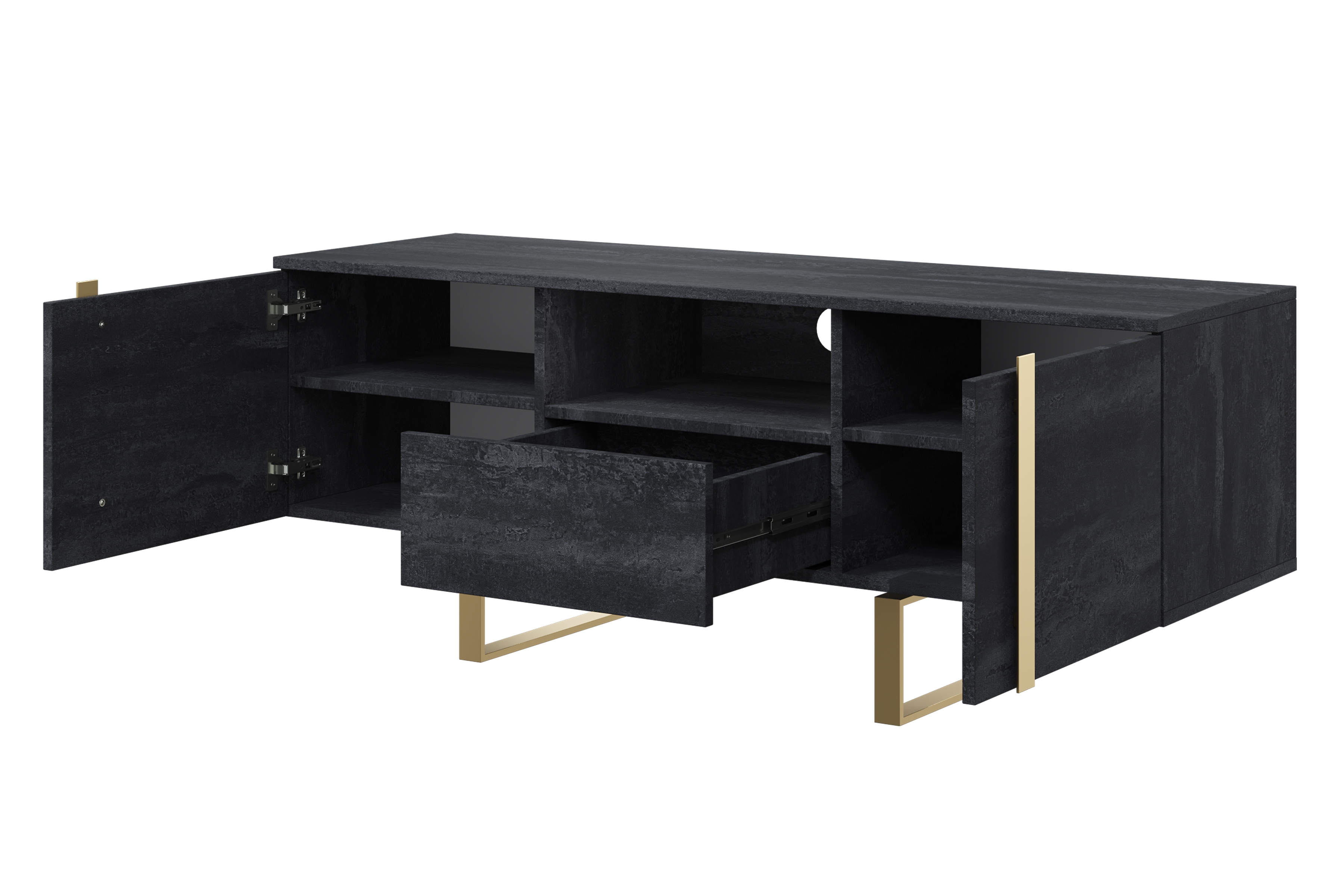 TV stolík Verica 150 cm s otvorenou policou - charcoal / zlaté nožičky TV skrinka Verica z szuflada, wneka i metalowymi nogami 150 cm - Čierny beton / zlote nozki