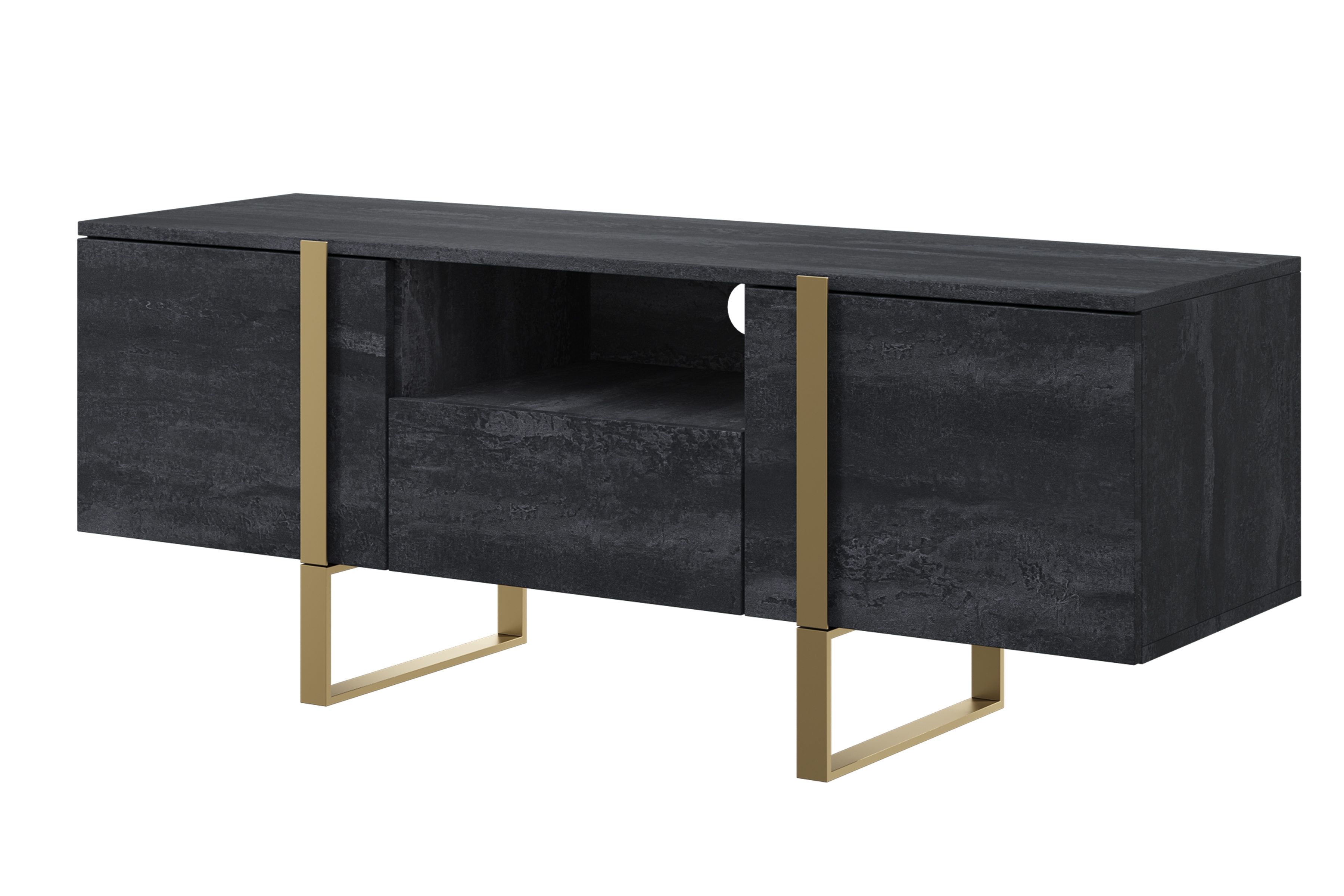 TV stolík Verica 150 cm s otvorenou policou - charcoal / zlaté nožičky TV skrinka Verica z szuflada, wneka i metalowymi nogami 150 cm - Čierny beton / zlote nozki