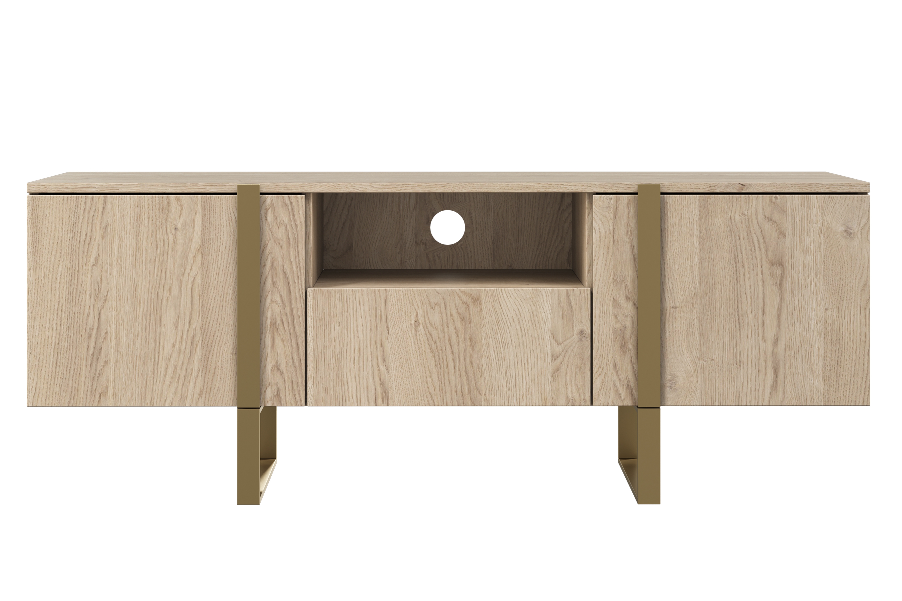 TV stolík Verica s otvorenou policou 150 cm - dub piškótový / zlaté nožičky TV skrinka Verica z szuflada, wneka i metalowymi nogami 150 cm - Dub biszkoptowy / zlote nozki