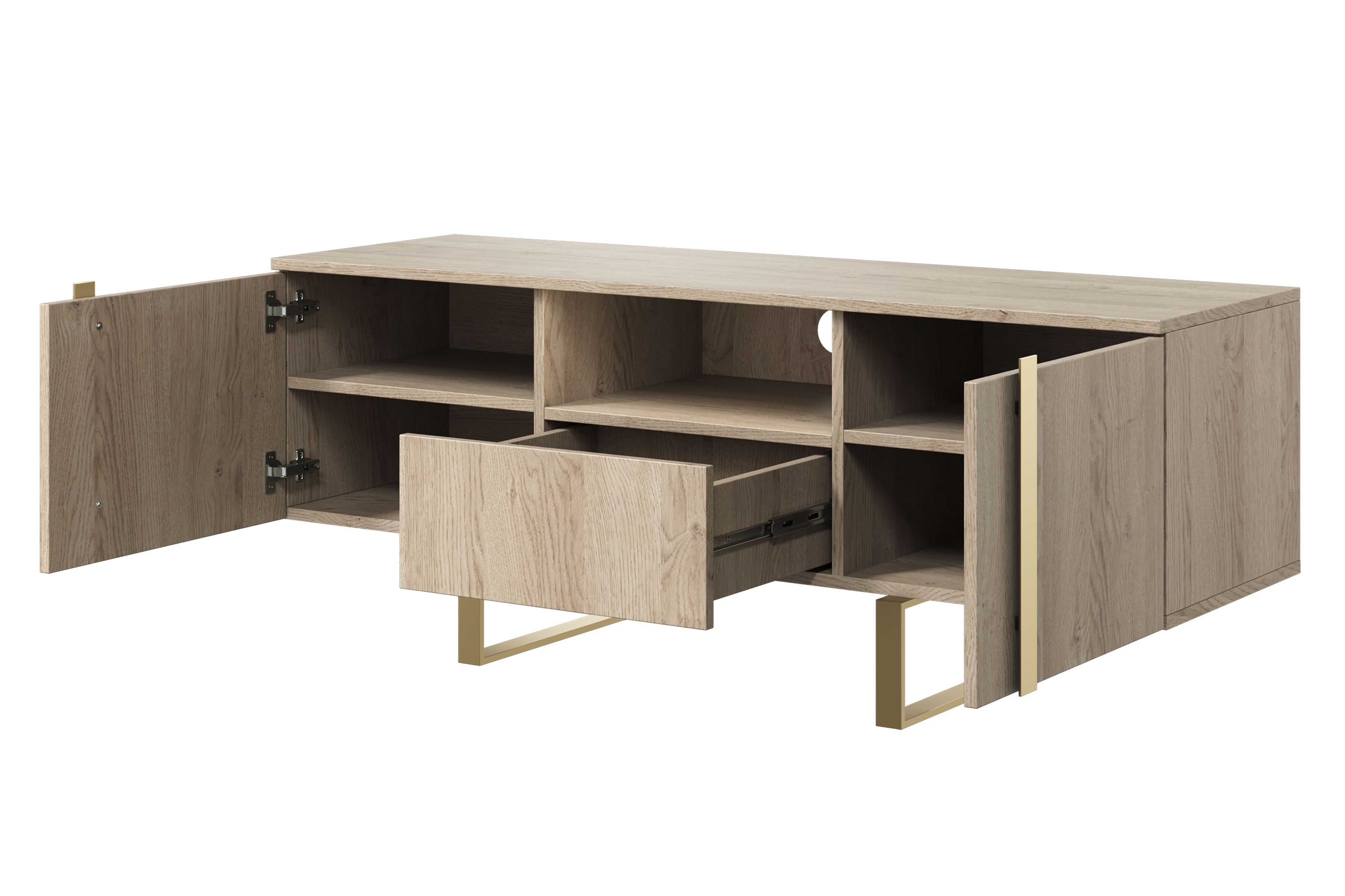 TV stolík Verica s otvorenou policou 150 cm - dub piškótový / zlaté nožičky TV skrinka Verica z szuflada, wneka i metalowymi nogami 150 cm - Dub biszkoptowy / zlote nozki