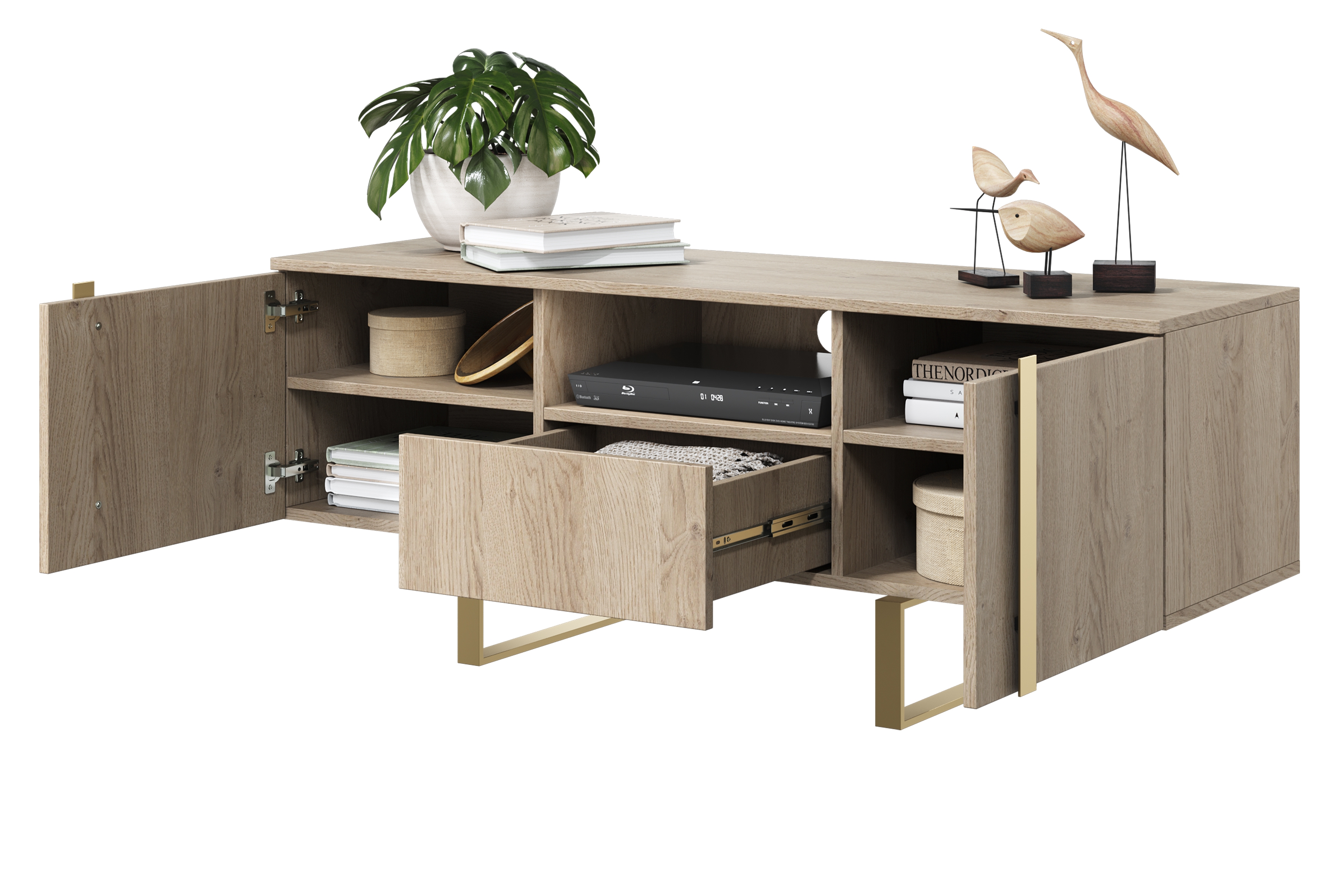 TV stolík Verica s otvorenou policou 150 cm - dub piškótový / zlaté nožičky TV skrinka Verica z szuflada, wneka i metalowymi nogami 150 cm - Dub biszkoptowy / zlote nozki