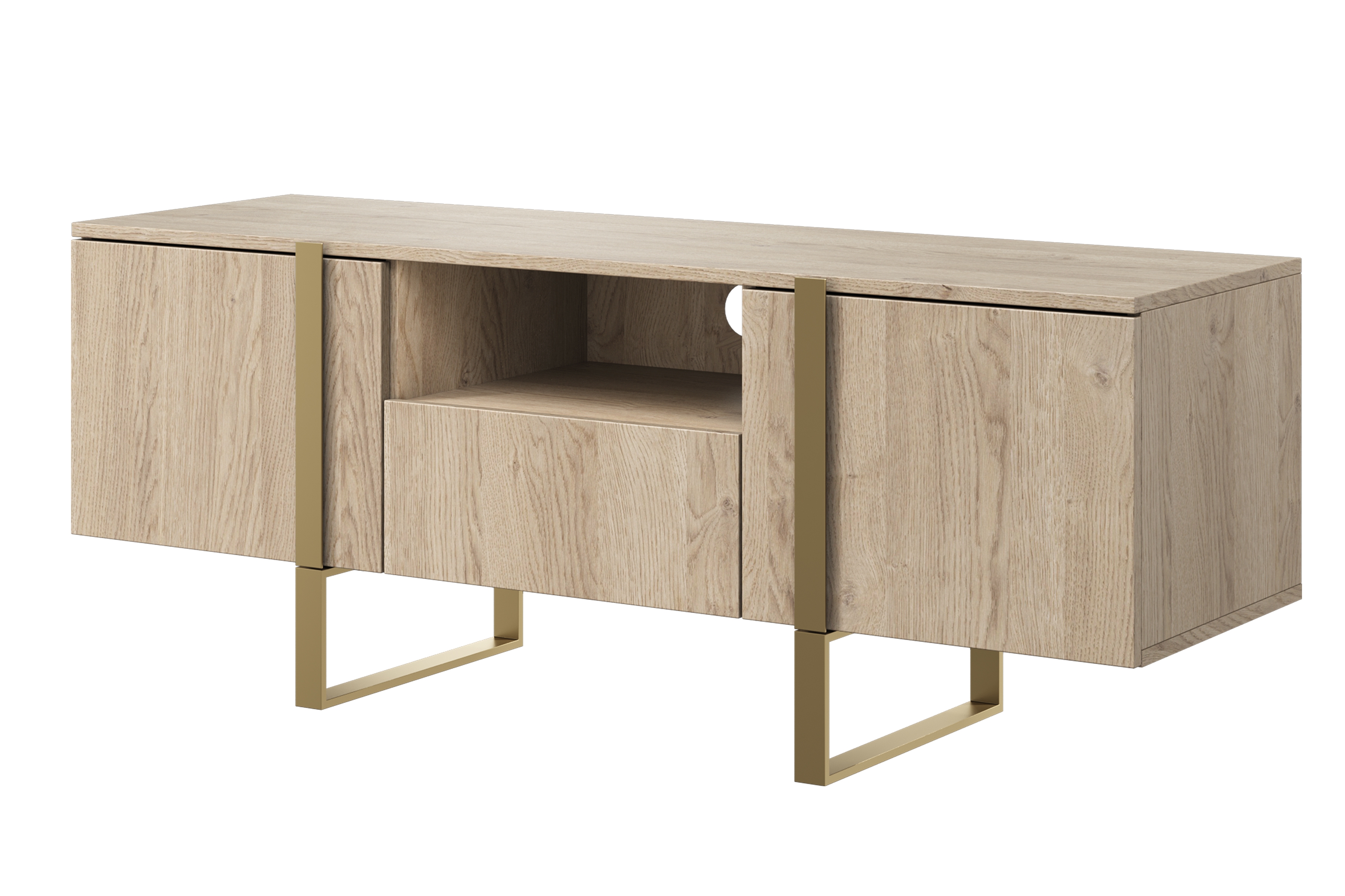 TV stolík Verica s otvorenou policou 150 cm - dub piškótový / zlaté nožičky TV skrinka Verica z szuflada, wneka i metalowymi nogami 150 cm - Dub biszkoptowy / zlote nozki