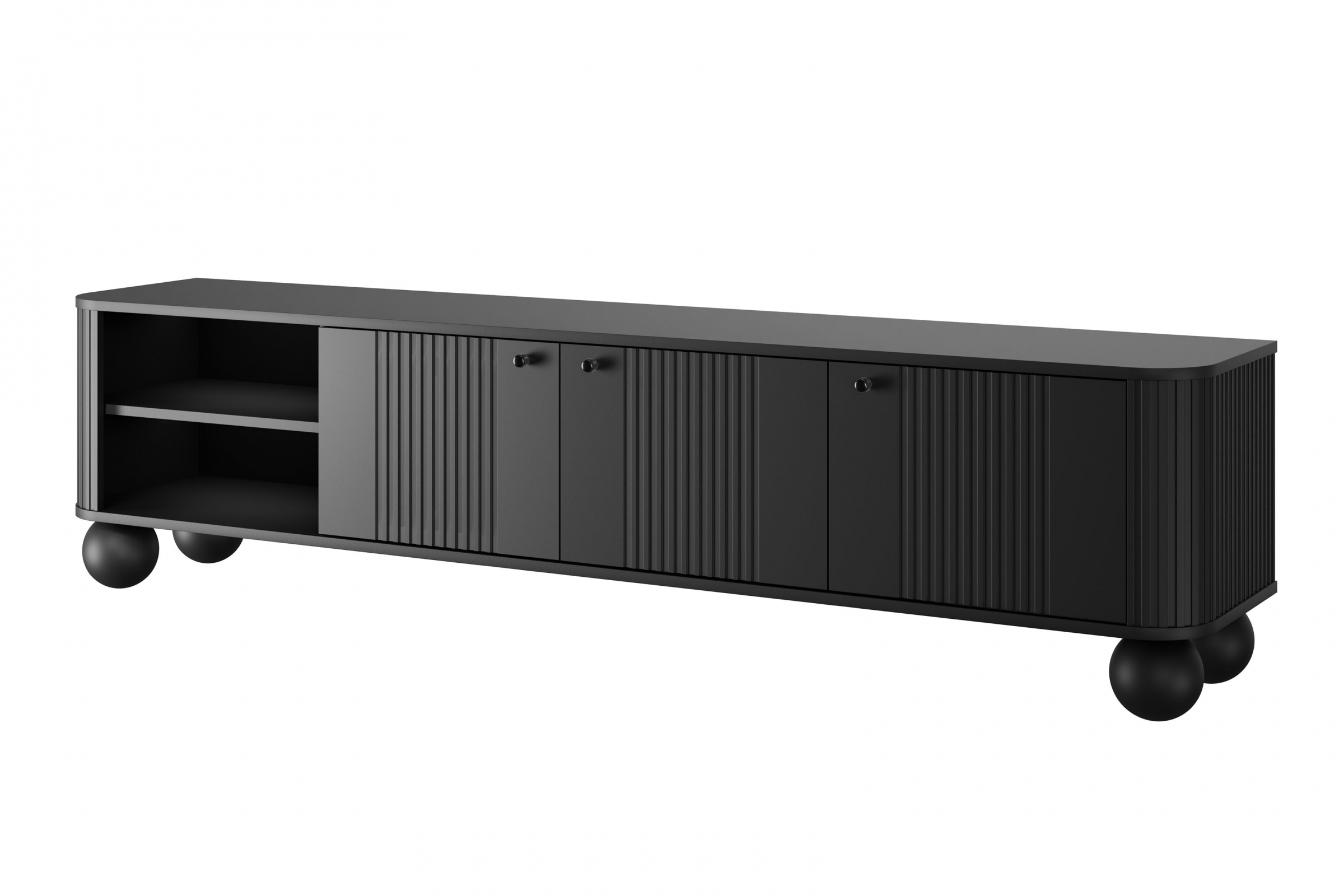 TV stolek Vesper 3D 187 cm - černý / černé úchytky / kulaté černé nožky Skříňka RTV Vesper 187 cm - černá / černá Úchytky