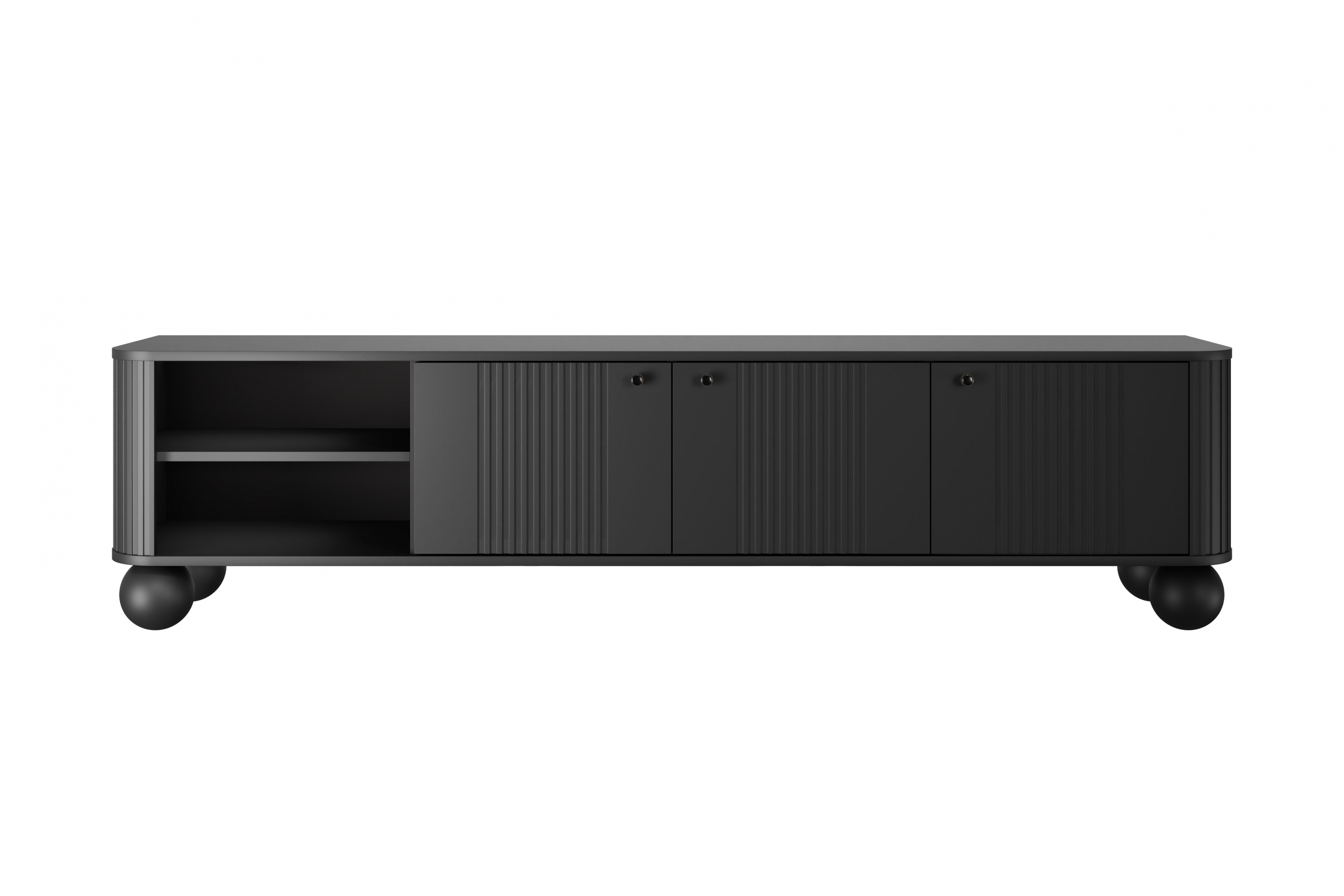 TV stolek Vesper 3D 187 cm - černý / černé úchytky / kulaté černé nožky Skříňka RTV Vesper 187 cm - černá / černá Úchytky