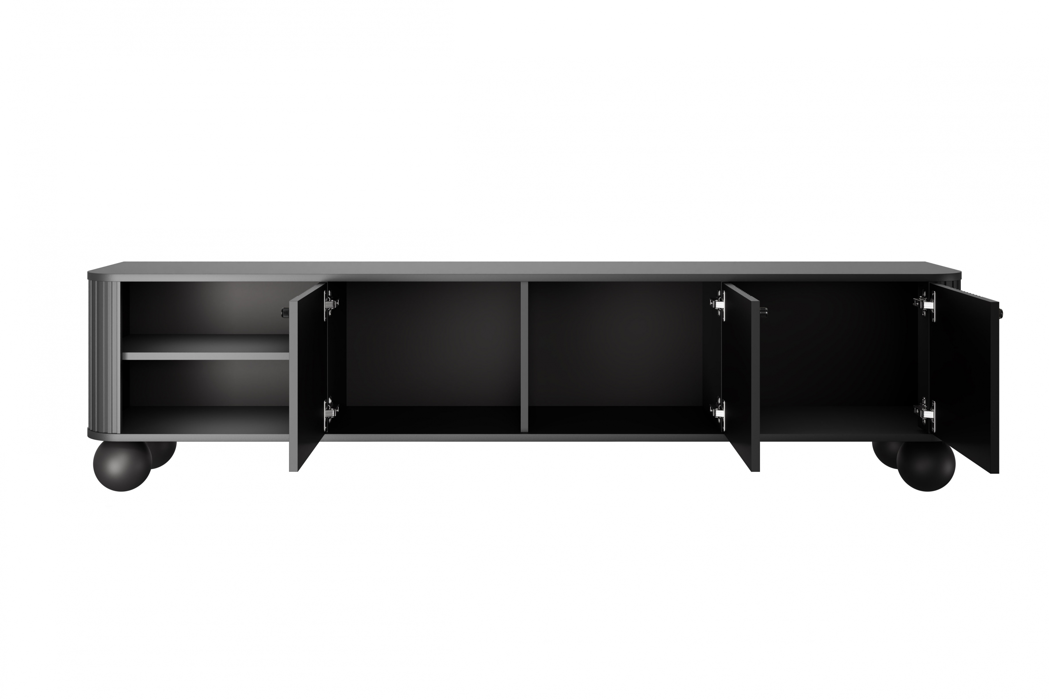 TV stolek Vesper 3D 187 cm - černý / černé úchytky / kulaté černé nožky Skříňka RTV Vesper 187 cm - černá / černá Úchytky