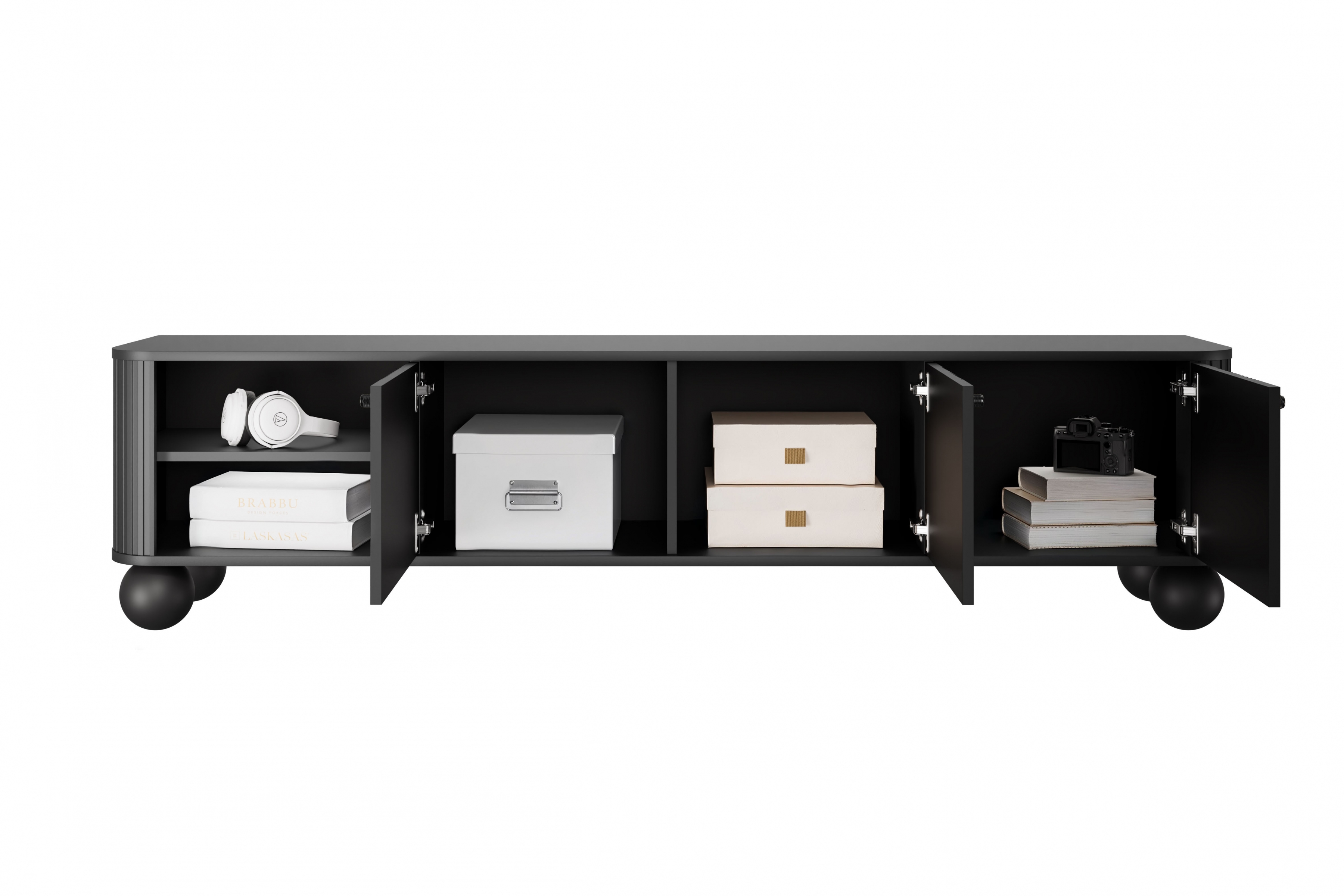 TV stolek Vesper 3D 187 cm - černý / černé úchytky / kulaté černé nožky Skříňka RTV Vesper 187 cm - černá / černá Úchytky