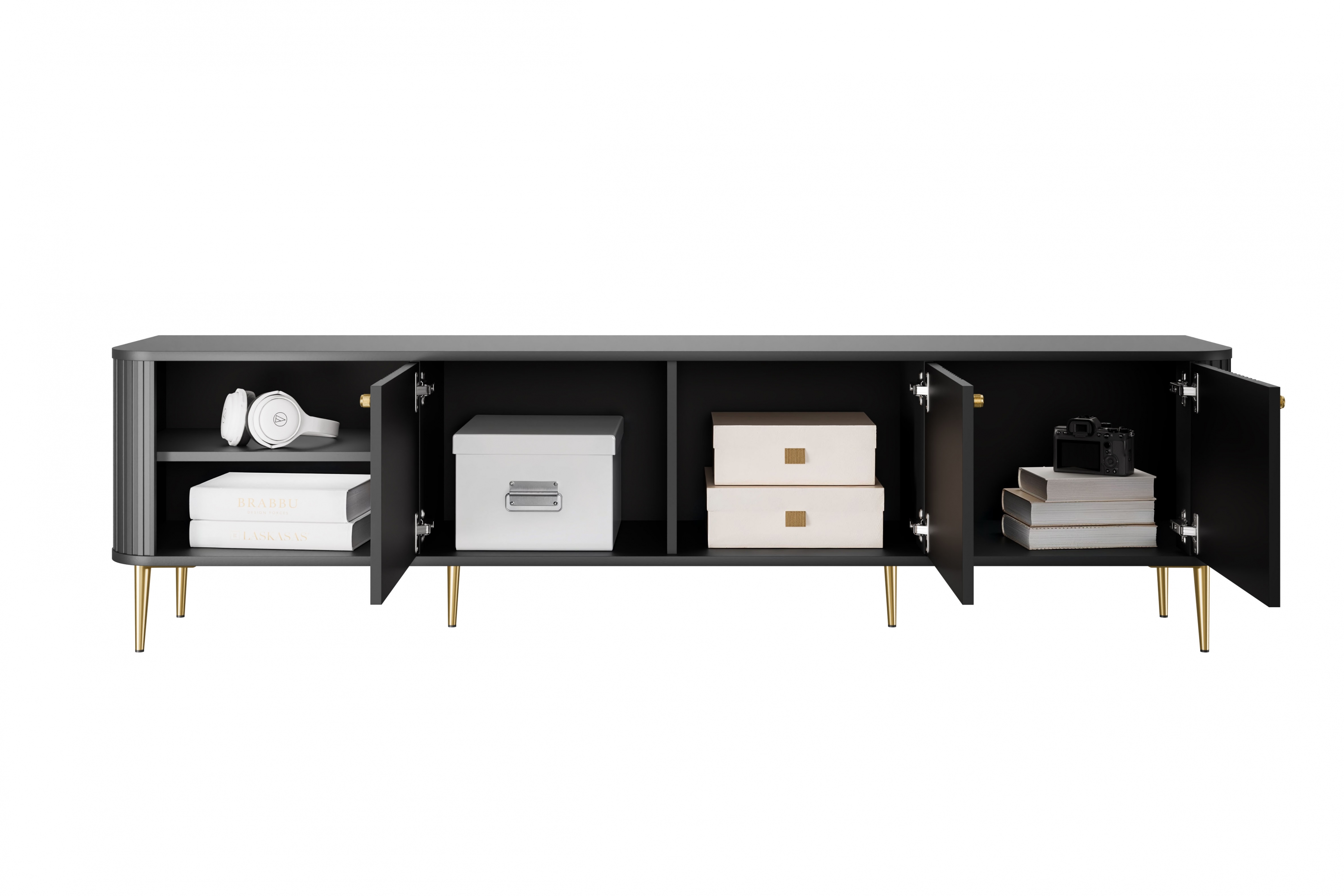 TV stolek Vesper 3D 187 cm - černý / zlaté nožky Skříňka RTV Vesper 187 cm - černá / zlaté Nohy