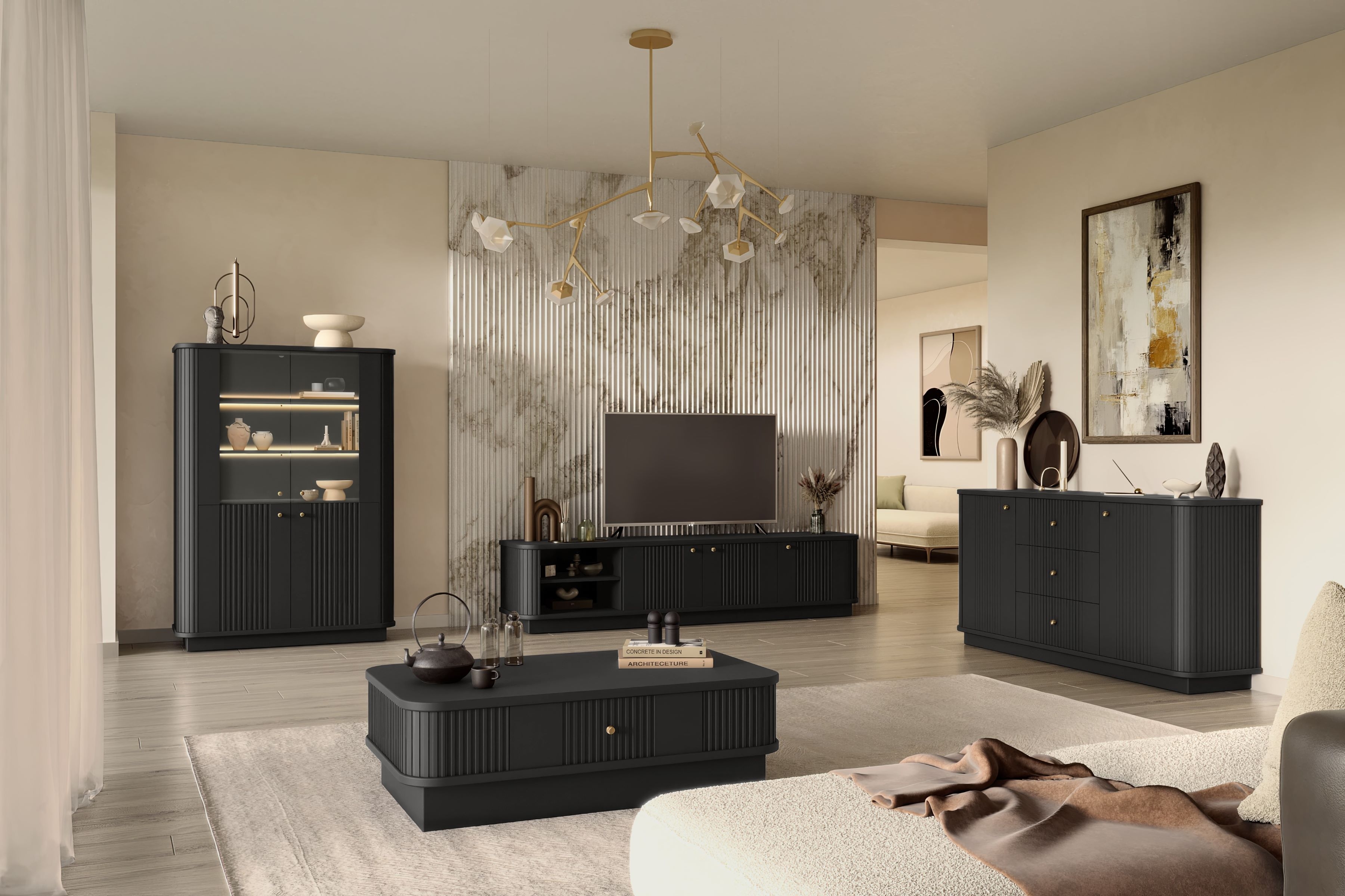 TV stolek Vesper 3D 187 cm - černá / zlaté úchyty skříňka RTV Vesper 3D 187 cm - černá / zlote Úchytky