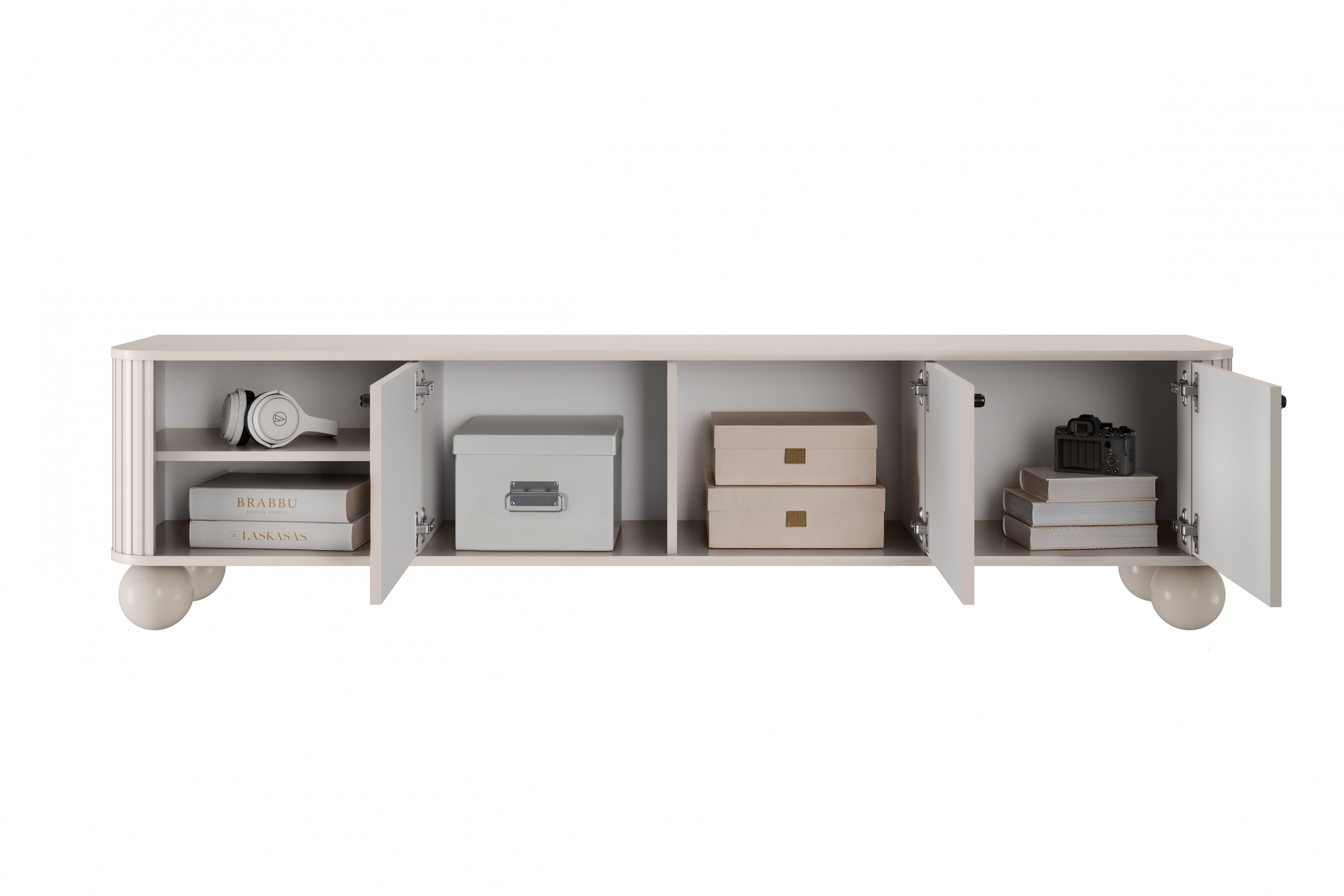 TV stolík Vespera 3D 187 cm - kašmírová / čierna / kašmírové nohy TV skrinka Vesper 3D 187 cm - kašmír / čierny úchyty / nožičky kule