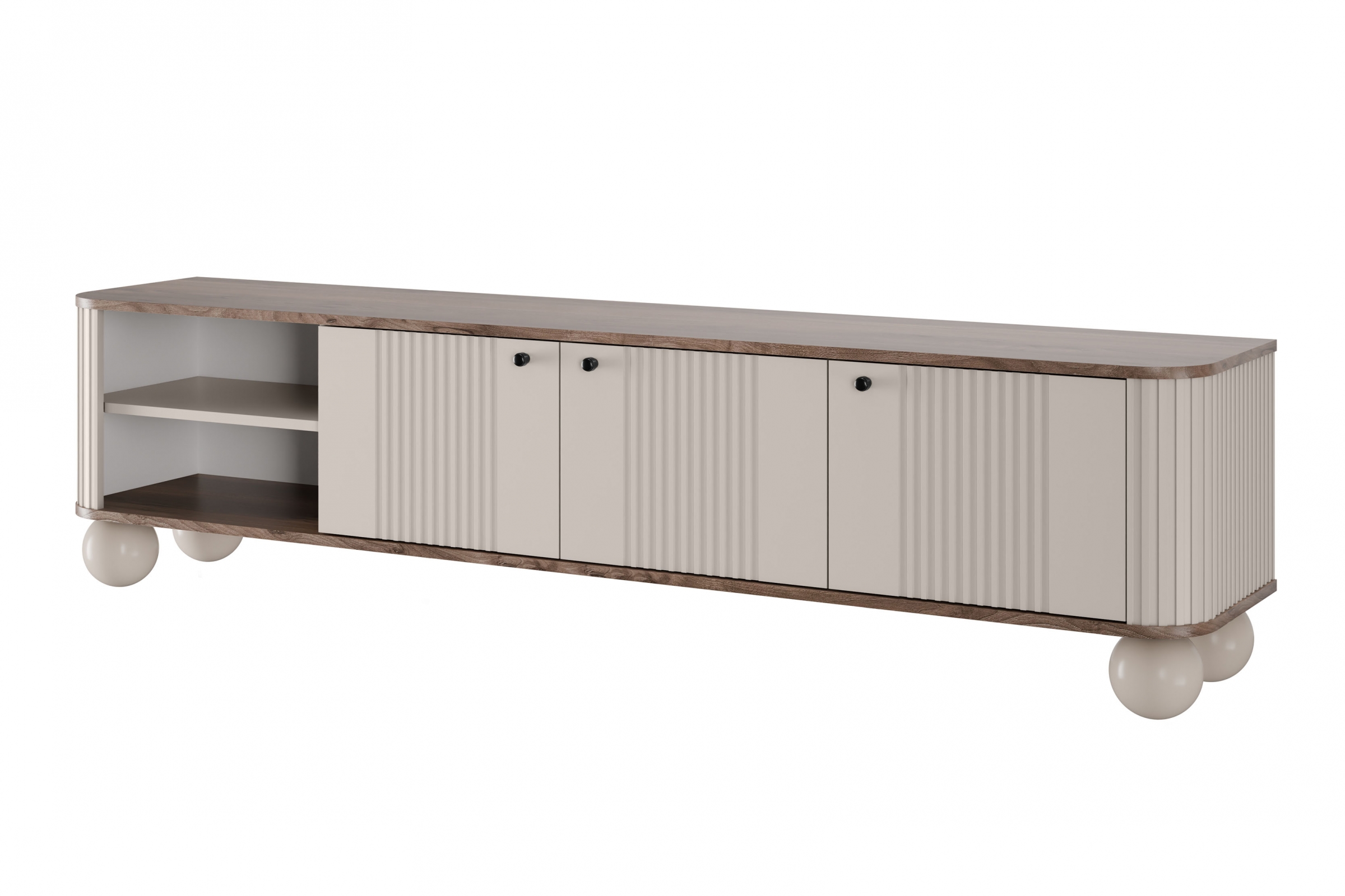 TV stolík Vespera 3D 187 cm - kašmírová / orech / čierna / kašmírové nohy TV skrinka Vesper 3D 187 cm - kašmír / Orech / čierny úchyty / nožičky kule