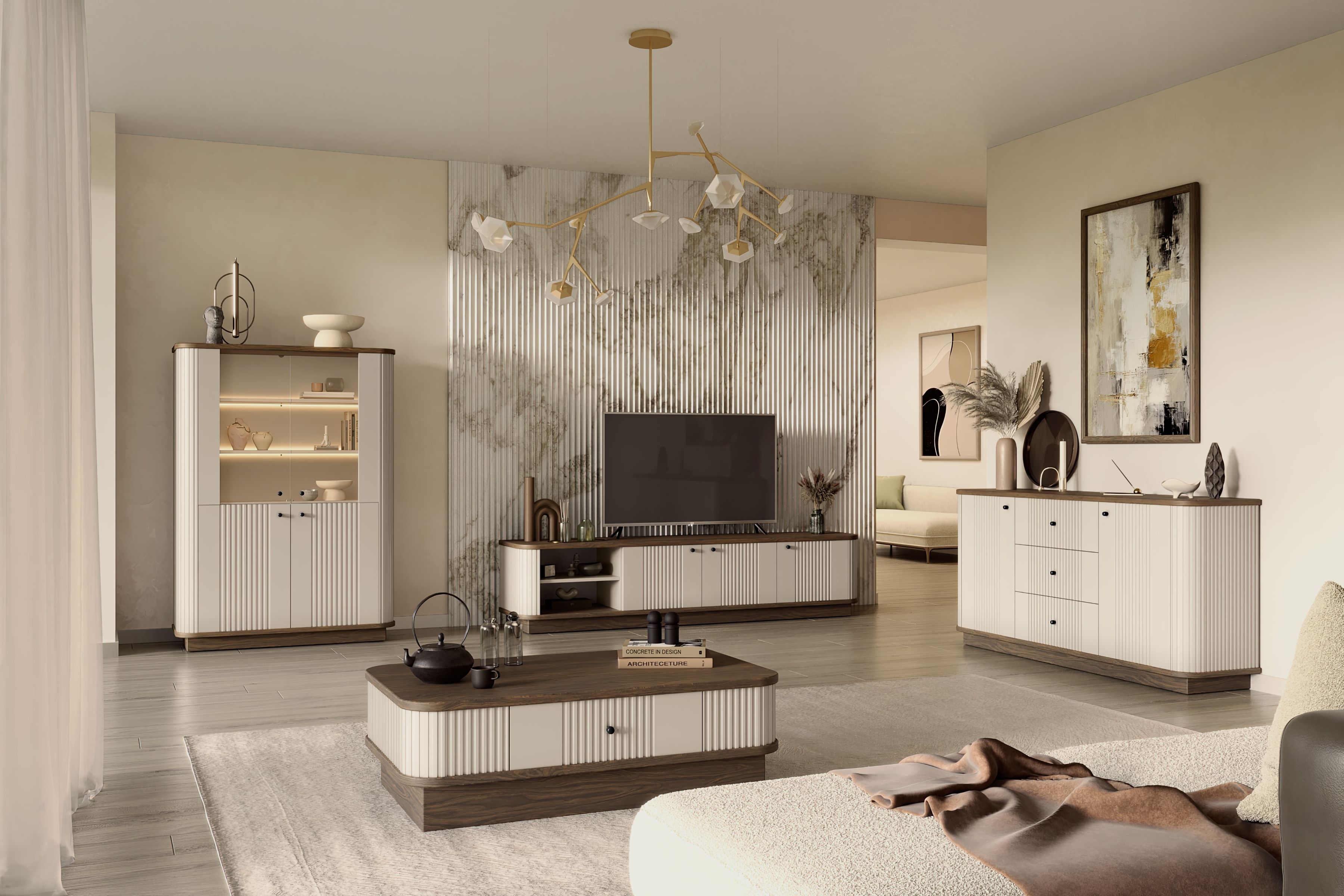 TV stolík Vesper 187 cm 3D - kašmír / orech / čierne úchyty TV skrinka Vesper 3D 187 cm - kašmír / Orech / čierny úchyty