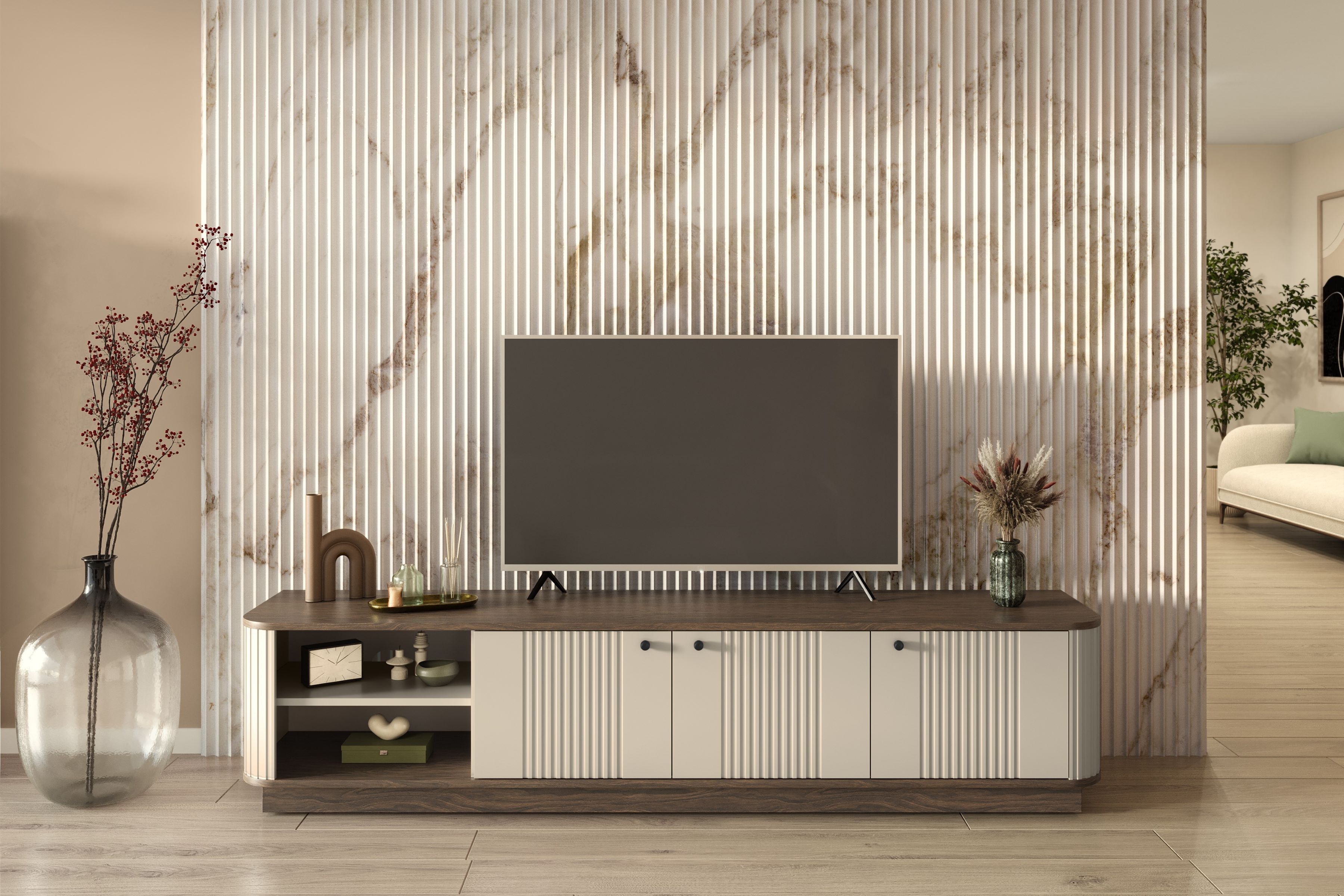 TV stolík Vesper 187 cm 3D - kašmír / orech / čierne úchyty TV skrinka Vesper 3D 187 cm - kašmír / Orech / čierny úchyty