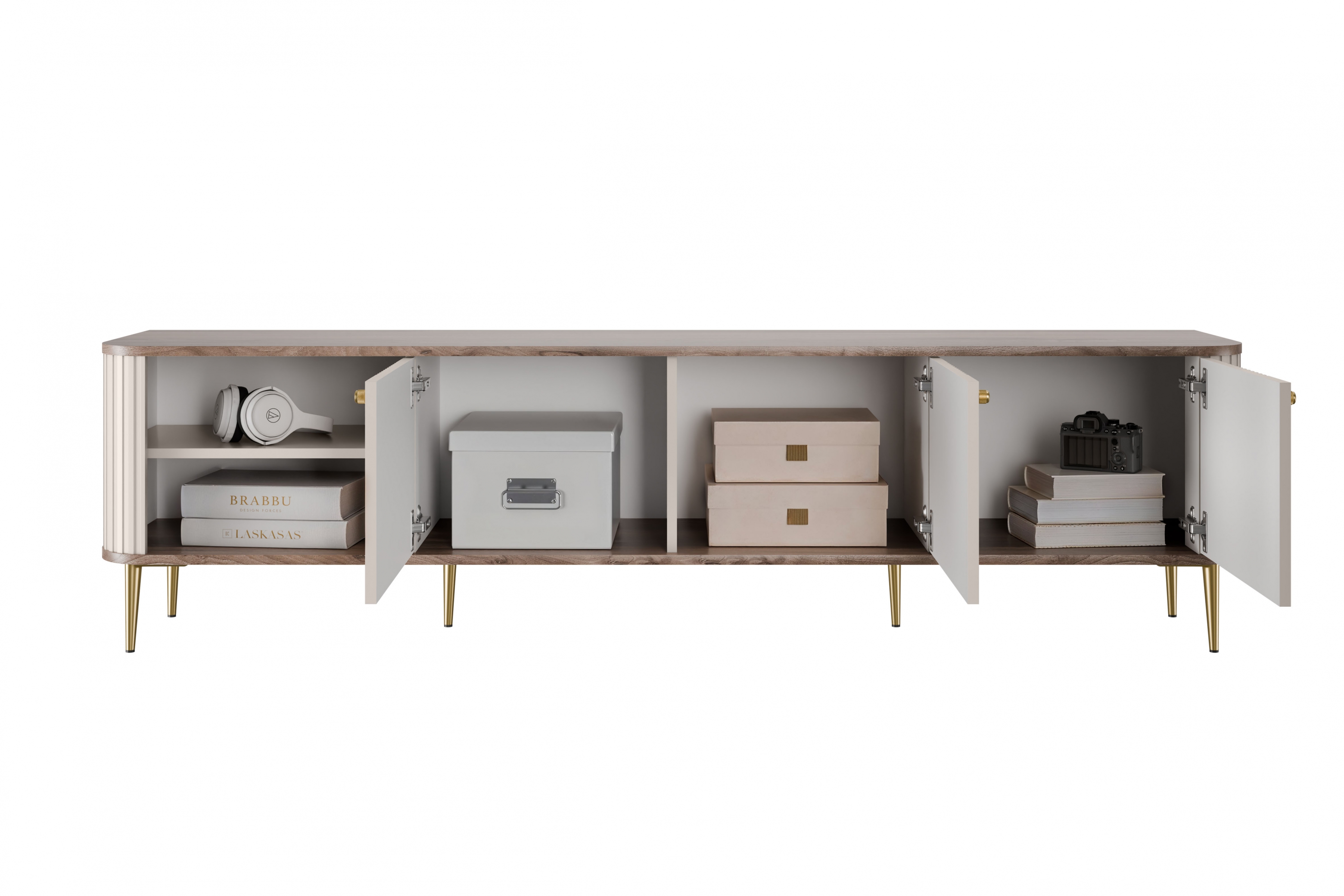 TV stolek Vesper 3D 187 cm - kašmírový / dekor ořech / zlaté nožky skříňka RTV Vesper 3D 187 cm - kašmír / ořech / zlote Nohy